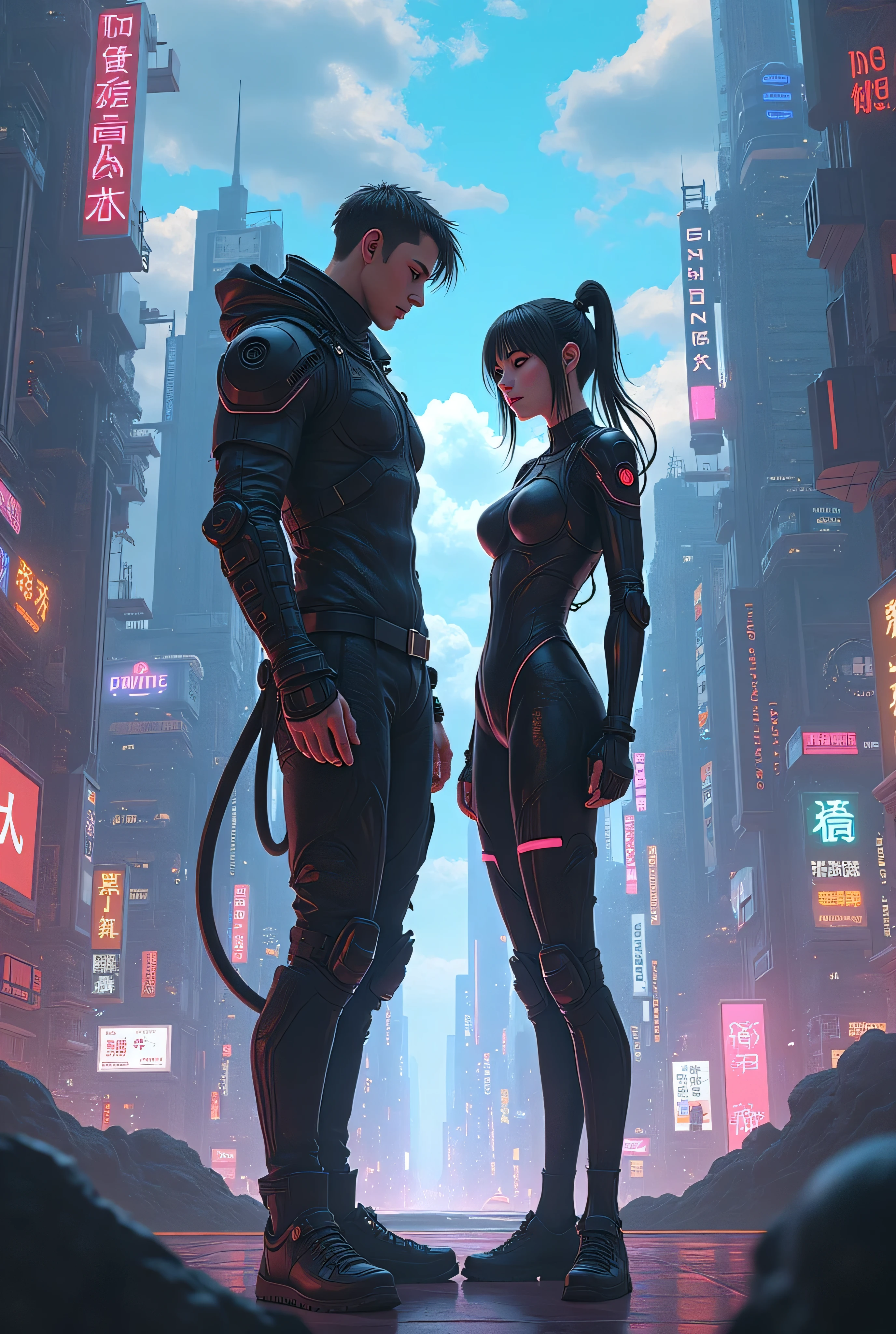 landscapes、Futuristic cities、Huge building、cyberpunked、(the Extremely Detailed CG Unity 8K Wallpapers)、most beautiful artwork in the world、Professional spectacular oil painting、with an intricate、high detailing、foco nítido、Dramatic and photorealistic pictorial art、Twin men and women line up front and back、Woman in mysterious black bodysuit in front、Wear of metal parts、short-hair、Black hair color、the tips of the hair stand up、Small breasts 1.1、Super small breasts、Less exposure、pleatedskirt、Man in black mechanical bodysuit standing behind、Fearless look、Slender Macho Body、2guys、
