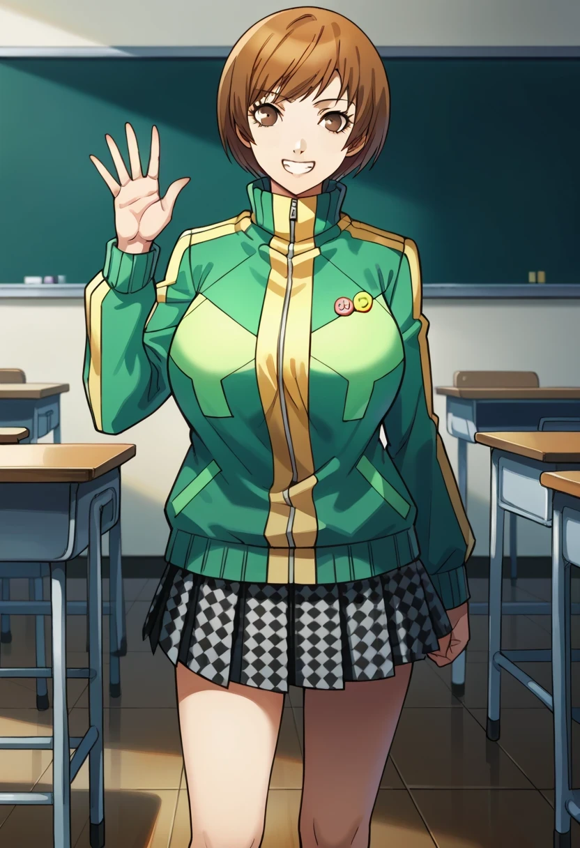 score_9, score_8_up, source_anime
1 girl, solo, cute face,
p4chie, satonaka chie, short hair, brown hair
p4chie-winuni, school uniform, yasogami school uniform, green jacket, zipper, button badges, pleated skirt, houndstooth skirt, socks, loafers,
classroom, standing, looking at viewer, smile, teeth, waving
masterpiece, best quality, ultra detailed,(Roll up your clothes with your hands and show off your breasts),gigantic breasts