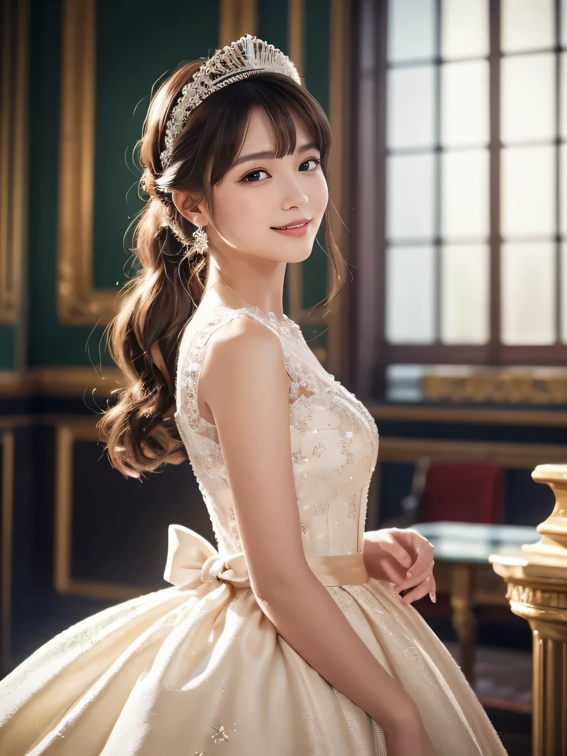 Dramatic composition, Court dress, Royal, nice, Cascading Ruffles, Raffle, bow, crystal chandelier , Roman Curl Hairstyle , Place, double ponytail like a drill , look at the camera, bangs, Maximalism , Palace-like background, delicate hair and eye depiction , princess dress, nice skirts, Flowers in hands, smile, Starry Eyes, Cinematic Light, Extreme Details, high definition , happy girl , very long hair, diamond with s, broken diamond with s, Crystal Fragment, Light Particles