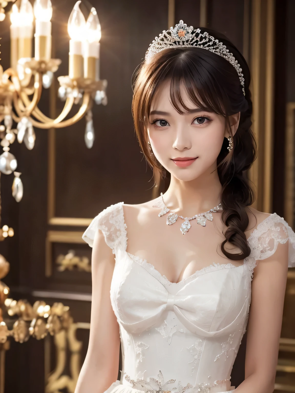 Dramatic composition, Court dress, Royal, nice, Cascading Ruffles, Raffle, bow, crystal chandelier , Roman Curl Hairstyle , Place, double ponytail like a drill , look at the camera, bangs, Maximalism , Palace-like background, delicate hair and eye depiction , princess dress, nice skirts, Flowers in hands, smile, Starry Eyes, Cinematic Light, Extreme Details, high definition , happy girl , very long hair, diamond with s, broken diamond with s, Crystal Fragment, Light Particles