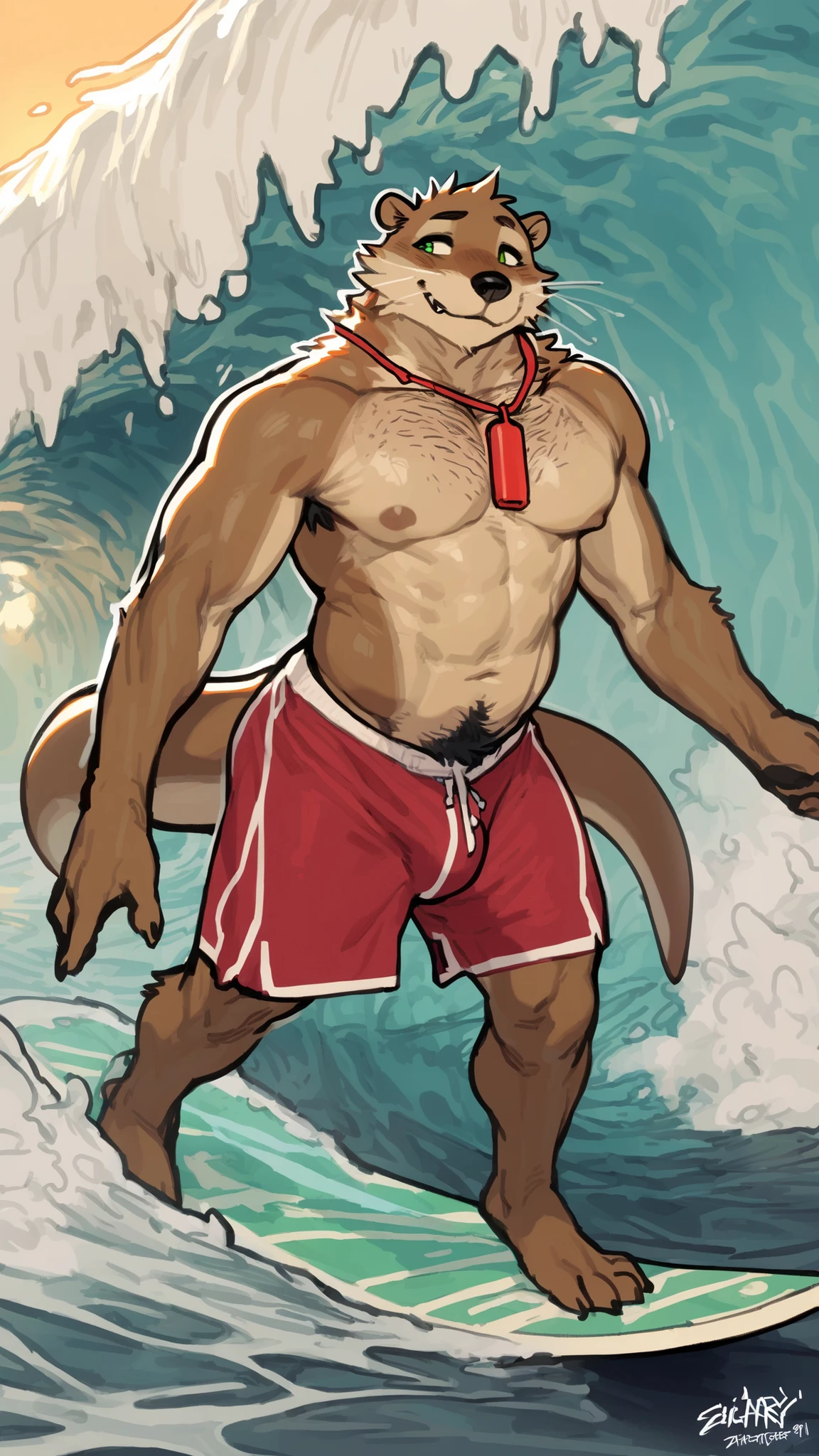 skinny otter, solo, short, 3' 10" tall, full body, (stocky, short body, short height, furry body, very defined abs, round face, dry muscles):1.3), masculine face, masterpiece, green eyes, masculine face, masculine attitude, hairy pectorals, solo, great lighting, by bebebebe, by ZIXiong, by zackary911, by SligarTheTiger, by RED8EAN, soft colors, white outline, ((red swim trunk, red whistle around the neck):1.1), solo, huge navel hair, bulge, very hairy chest, joyful face, very detailed face,((, surfing, surfing on a big wave, surfing a wave on a sunny beach):1.1), otter tail, very detailed face, detailed face expression, ((very detailed clothes, very detailed body texture, view from above):1.2),