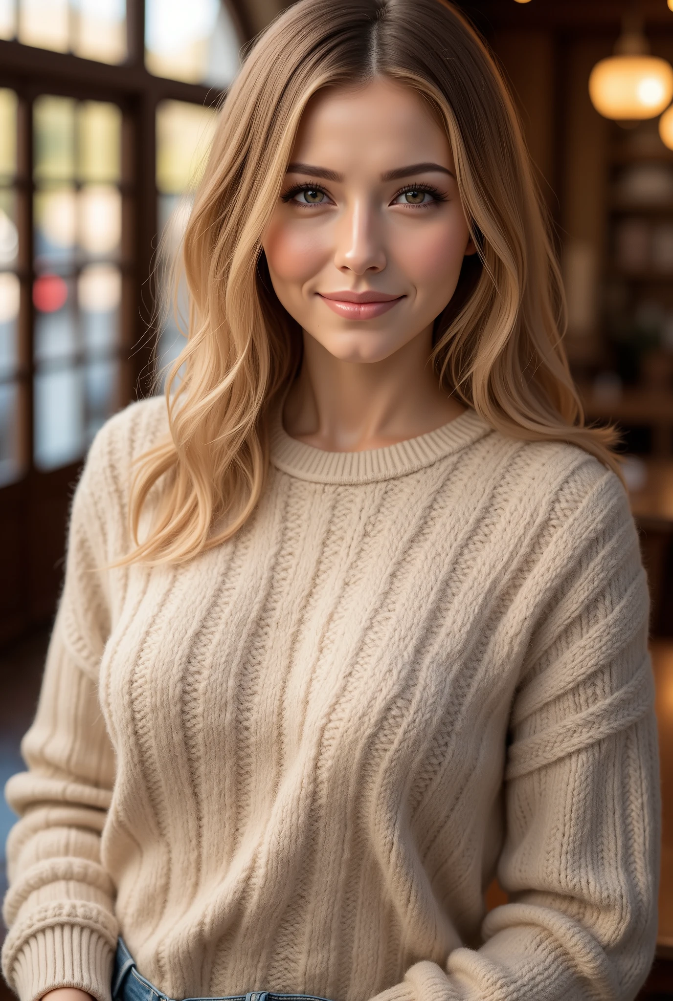 a beautiful blonde haired woman wearing a warm designer sweater, fashionable brand style clothing, visible sweater, Panasonic GH5, happy expression, subtle mood, (best quality,4k,8k,highres,masterpiece:1.2),ultra-detailed,(realistic,photorealistic,photo-realistic:1.37),1girl,detailed face,beautiful detailed eyes,beautiful detailed lips,extremely detailed eyes and face,longeyelashes,studio lighting,sharp focus,vivid colors,natural lighting,warm color tones,soft lighting