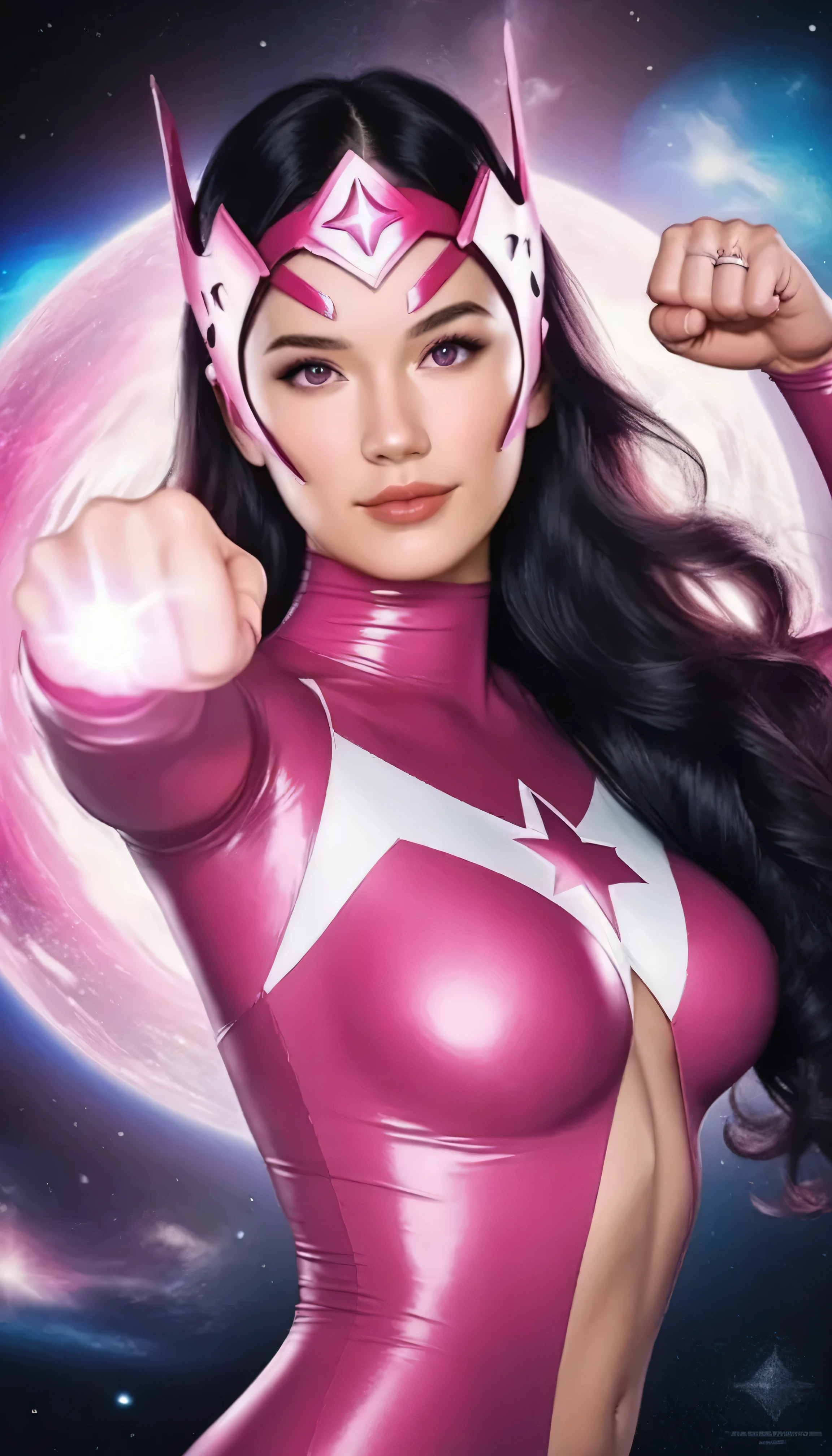 Close-up of a woman in a white and pink costume、Heavy Metal Comic Cover Art、barbarella、Ash Thorpe、official art、Panoramic Widescreen View、Megadeth、Matte coloring、1970Era、Psionic、nebula、By Juan Jimenez、1 9 ８０Era
