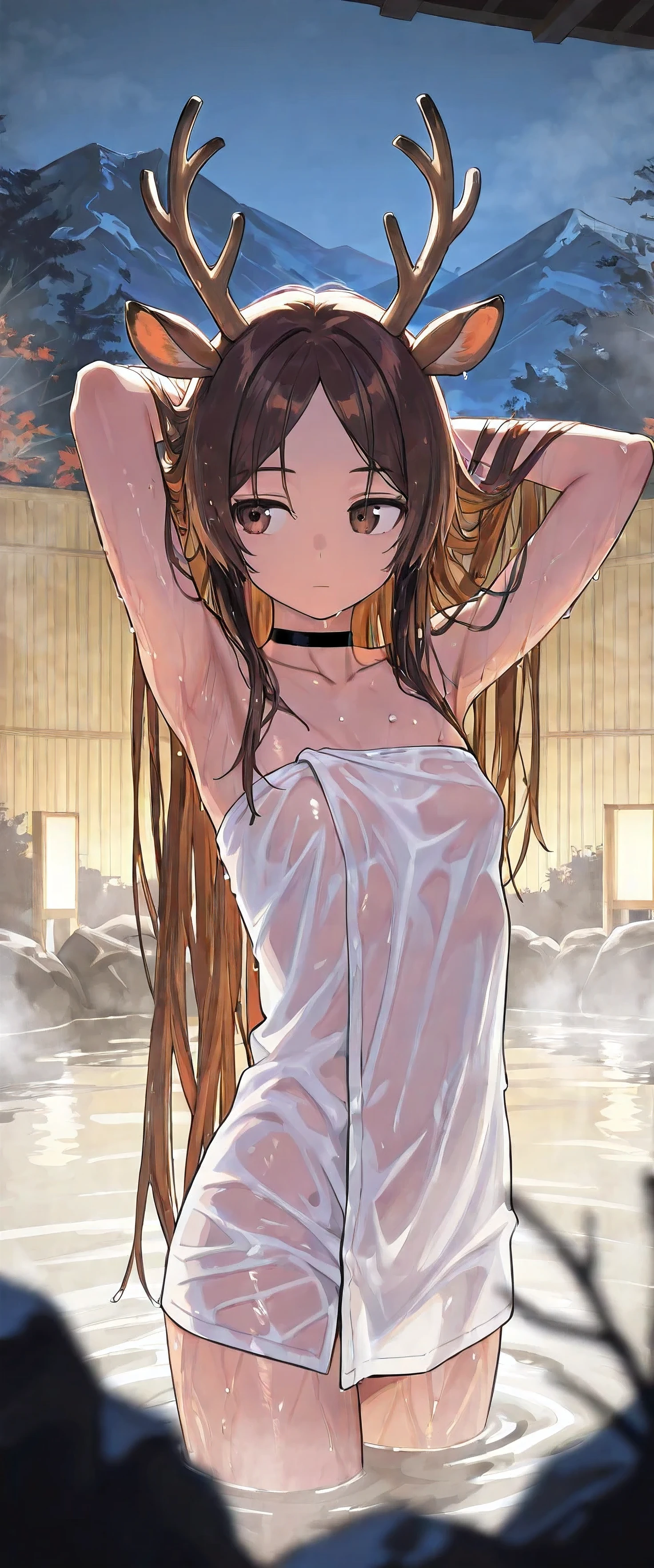 ((masterpiece,Highest quality;1.3,best illustration)),cowboy shot,1woman、25 year old beauty、独奏,((very small head:1.5)),dark brown hair,long hair,bangs,brown eyes,gorgeous eyes,blush,small breasts,((very long body:1.3)),((toned body,slender body,skinny)),gleaming skin,shiny skin,oily skin,(Soaked in the rain、Black zip-up hoodie outer jacket、White tight T-shirt、denim micro shorts)、barefoot、Carrying a black backpack、sitting,heavy rain、rain、on street,Tokyo,nsfw,