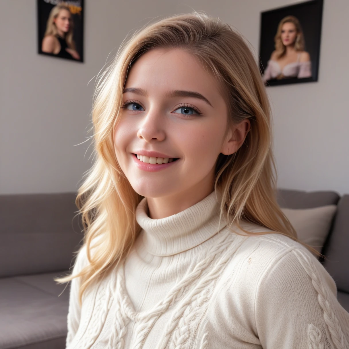 (Meisterwerk), (best quality), (realistisch), (nice+(Feminin)+((nice))+unschuldig), blonde kurze lockige Haare, (Kristallblaue Augen), wundernicee Augen, Mandel Augen, Happy eyes, mit Brille, 40 Jahre, (Feminin curves), (runde Wangen), dimple, Abgerundetes Kinn, (Anbetung Ausdruck), kleine Nase, 160 cm, smiling, rote Lippen, trägt ein wundernicees trägerloses Kleid, Kopfschuss