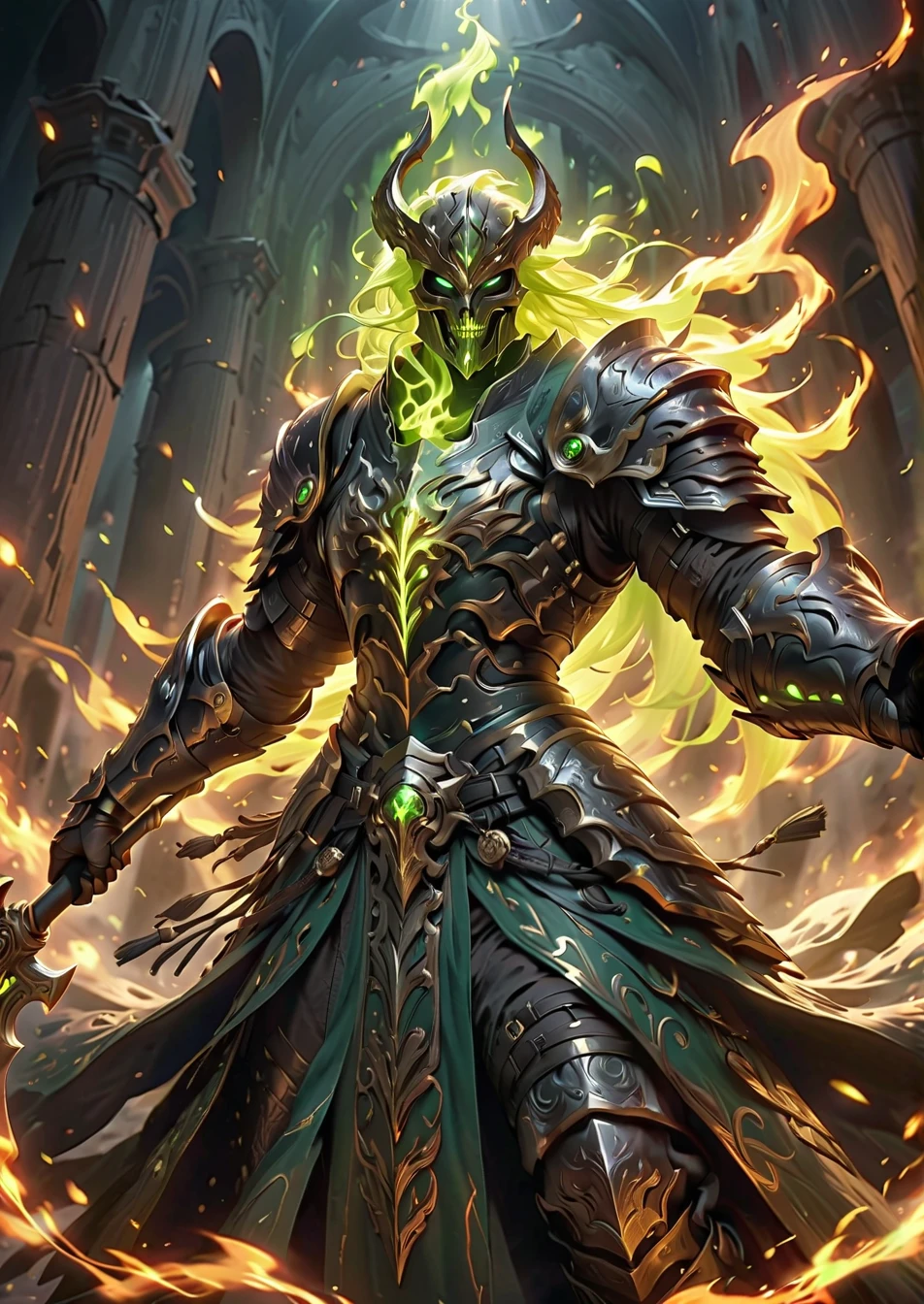 Male character, handsome, dark skin, black wings, wearing a red suit, long white hair, emerald green eyes, his appearance is that of a fire demon, his body is that of a fire demon with giant horns, a bestial body, an intimidating appearance, its appearance is identical to that of the fire demon Ifrit