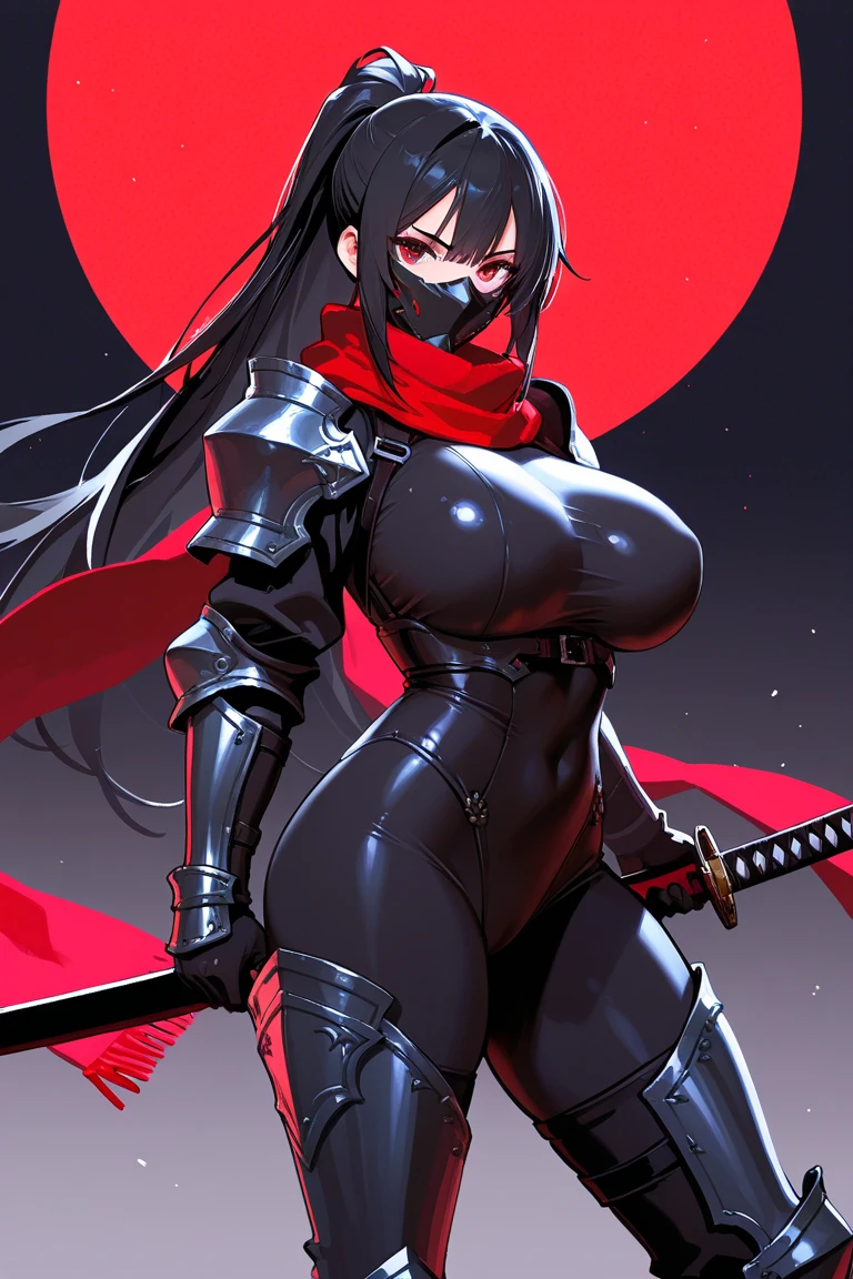 female, black hair, long hair, black turtleneck bodysuit, red eyes, red rose petals, highres, absurdres, 8K, masterpiece, looking at viewer, nsfw, snow, big waist, holding scythe, closeup