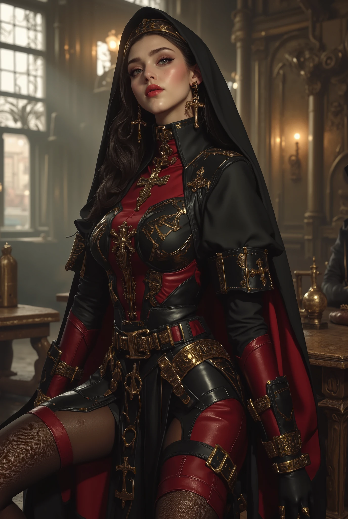 best quality,4k,8k,highres,masterpiece:1.2),ultra-detailed,(Ultra-realistic, photorealistic,photo-realistic:1.37), best quality, highres, 4k, 8k, amazing quality, Photo full portrait of photo real. black and red leather steampunk nun woman. black and red thigh high boots with 6 inch heels. steampunk background. “full body portrait” digital SLR camera, light tracing, 3d, concept art, action painting, cinematic lighting, chiaroscuro, (1.3)