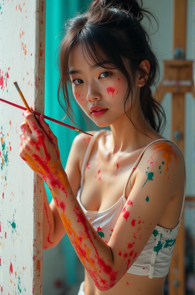 Beautyfull asian girl ever wearing white underwear, (big boobs), empty room,(playing with colours),colours on body,colours on floors,sitting position on floors, highly detailed, high resolution, perfect face, perfect eyes, smiling, happy,((different colours on body)),spill colours on floors,wet body by colour, (paint splatter:1.3),paint on floors, paint jar,can on floors,((paint spilled on body,face,)), big boobs, cleavage, open legs,((spilled paint on floors)),(spilled paints on body),spilled paint everywhere in floors,poured paint on body,((boobs covered with paint)),spill colours,spilled paint,((spilled paint on body)),[[spilled paint on floor]],((spilled paint on face)),spilled paint everywhere on body