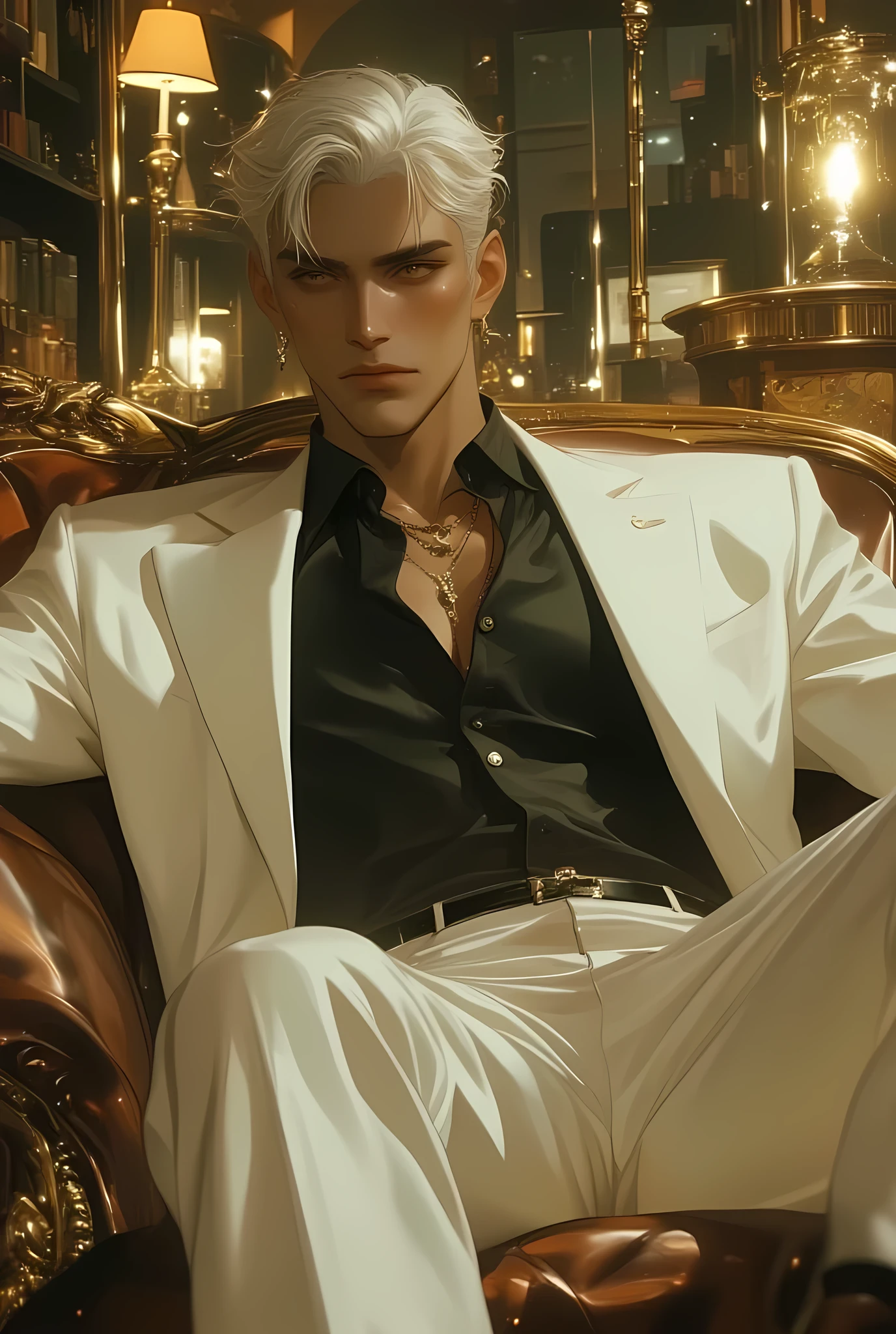 ADULT MALE. 6'5 ft. tall, ((dark tan skin)), (( bleached white eyebrows)) ((yellow eyes)), white clean cut hair, ((wearing all white suit, black inside polo shirt, necktie. leaning back on couch, manspreading ((big muscular man)), ((lips smirking)), close up shot camera, golden light heus.