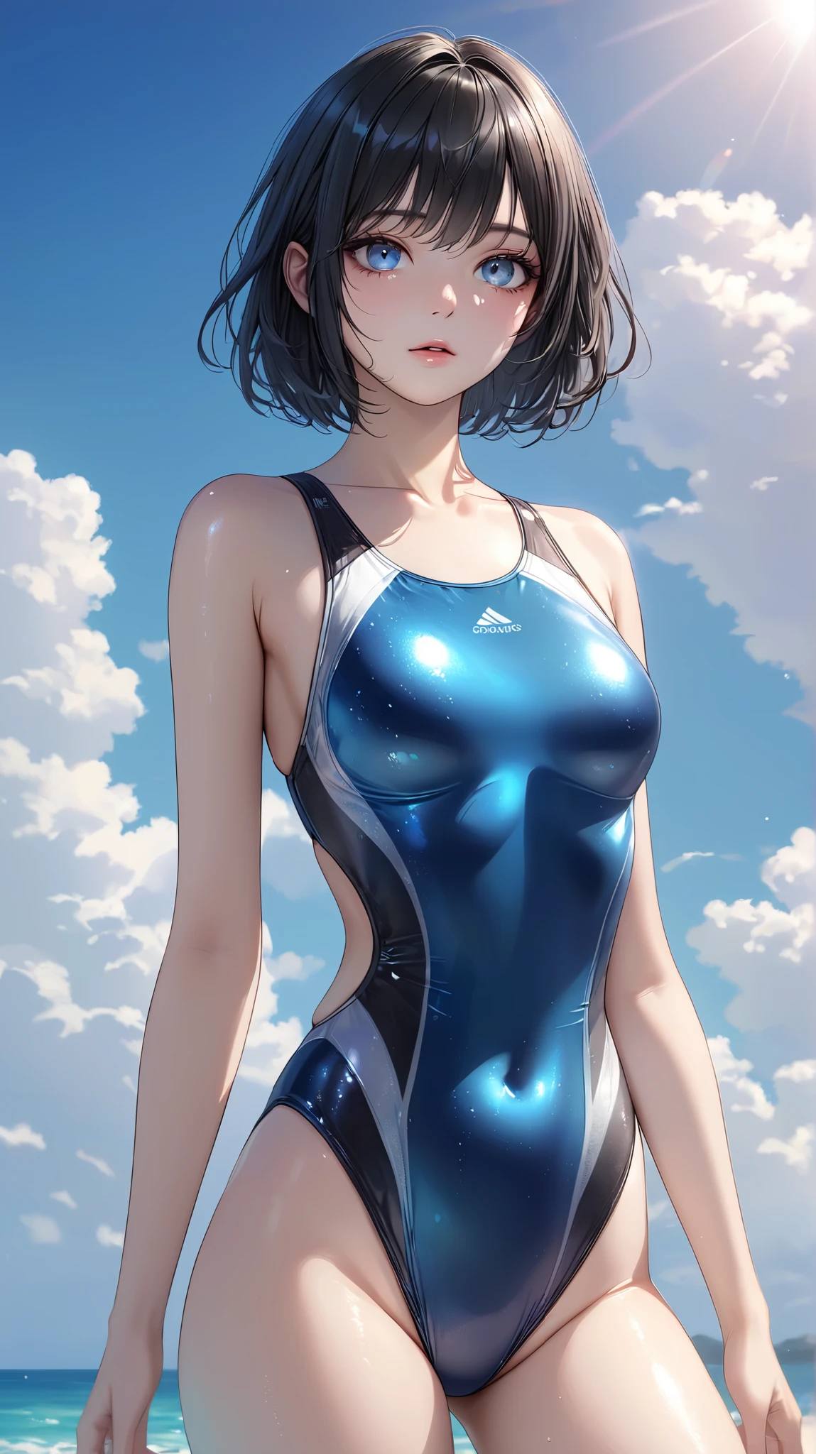 an alien female standing in a spaceship, looking ahead, starry sky with a blue planet in the background, shooting star, space, (realistic face), half body, sport swimsuit,