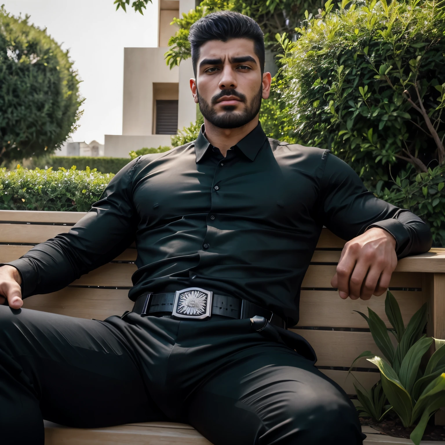 28 years old、 handsome man , One Man,、 muscular、 black shirt 、 View from below 、garden、 sitting on a lawn bench。 black shirt、 upper body up Handsome Iraqi face、Front threatening appearance Black Belt Black gloves black slim pants 。 threatening appearance upper body up mafia green