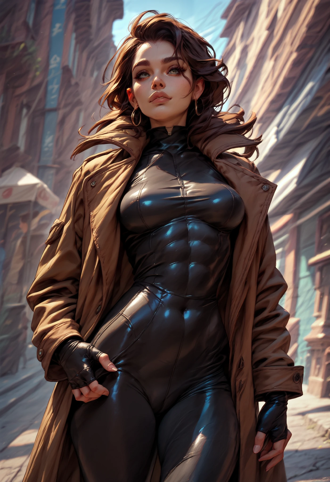 Gambit woman, she is wearing the Gambit Xmen uniform, tight and sexy clothing with an overcoat