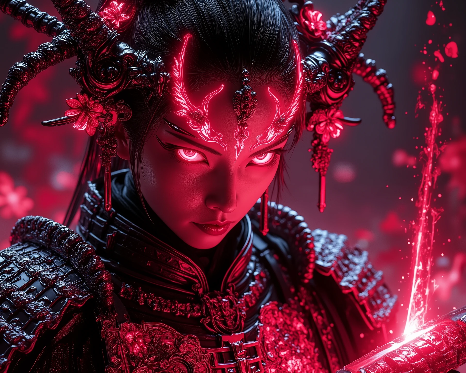 A (((samurai with a glowing red spider Lily on her forehead))), adorned with delicate (((Lily flower patterns))), which seem to radiate out from her face, blending seamlessly with the (((traditional Japanese garb))) that she wears. The atmosphere is one of (serene dew on a leaf), with a soft ((soft pink and deep red hues)) that give off a (subtle evening vibe). A single (((drop of water))) gently falling onto her face completes the fantastical scene, evoking a sense of (intricate artistry) that defies the realm of (hyperrealism).
