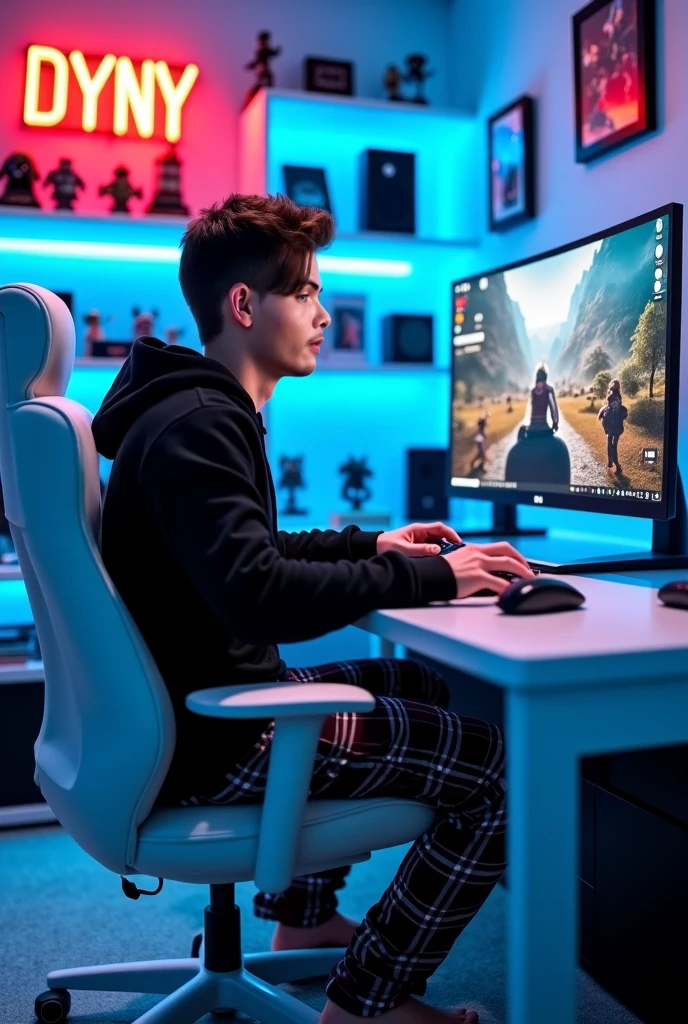 a profile picture for YouTube channel like a boy play PUBG in ipad seating in a gaming chair 
