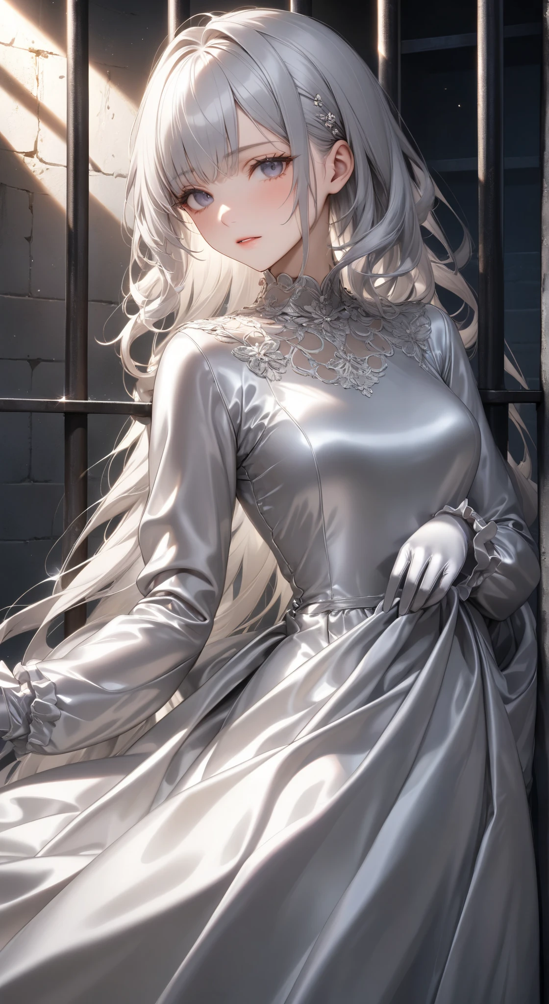 portrait、god々Shining light、( masterpiece, top quality, Ultra High Resolution ),Extremely detailed CG, Japanese woman with pale silver hair,(( beautiful face)),(( long sleeve long dress made of pale silver satin))、((The dress has a simple design without embellishments)),Ruffled Skirt、(Well-fitting pale silver satin bodysuit )、pale silver satin gloves, in prison cell