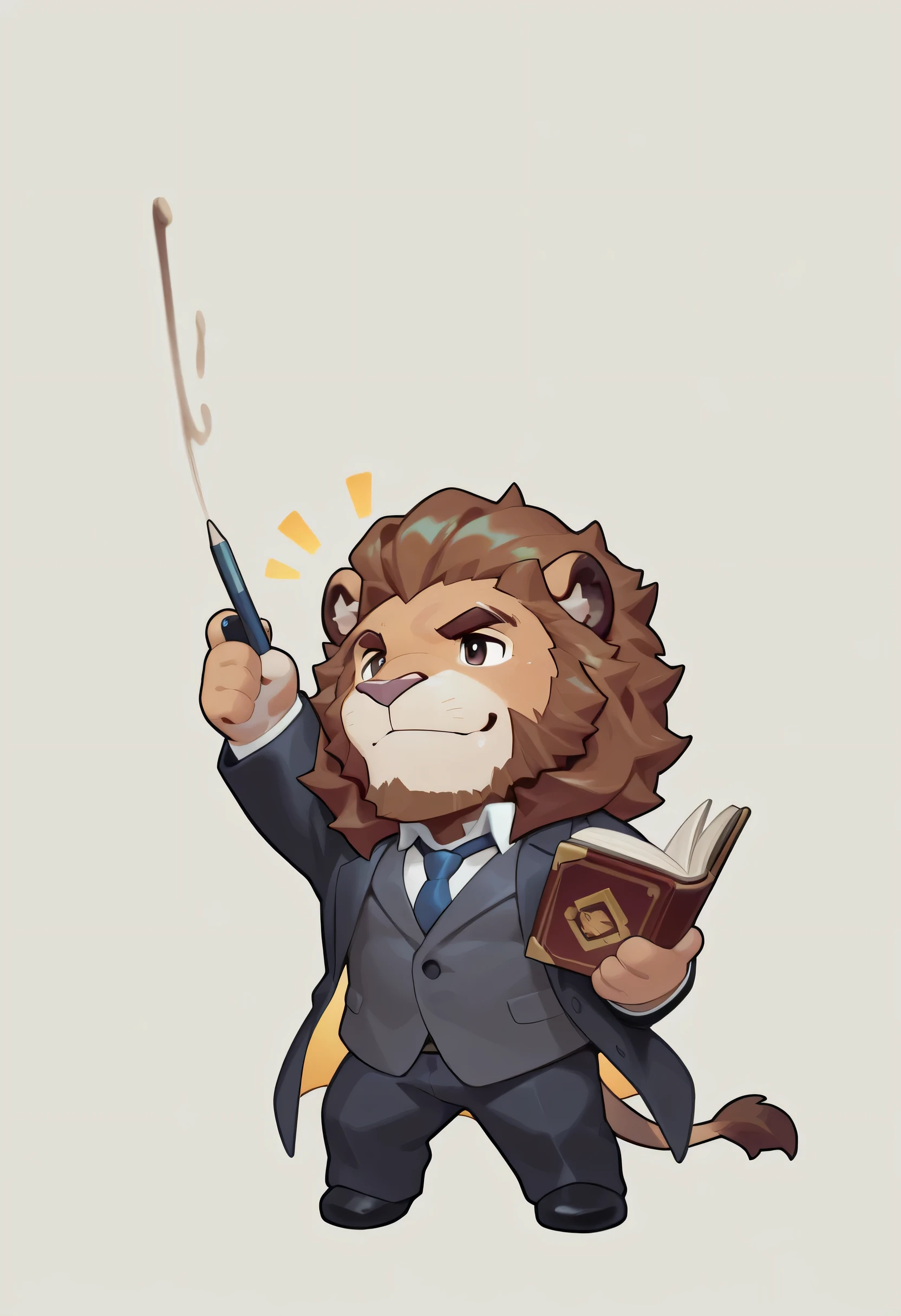 solo, 1boy, lion, brown fur, bara, (chibi:1.3), professor, holding a book, score_9, score_8_up, score_7_up