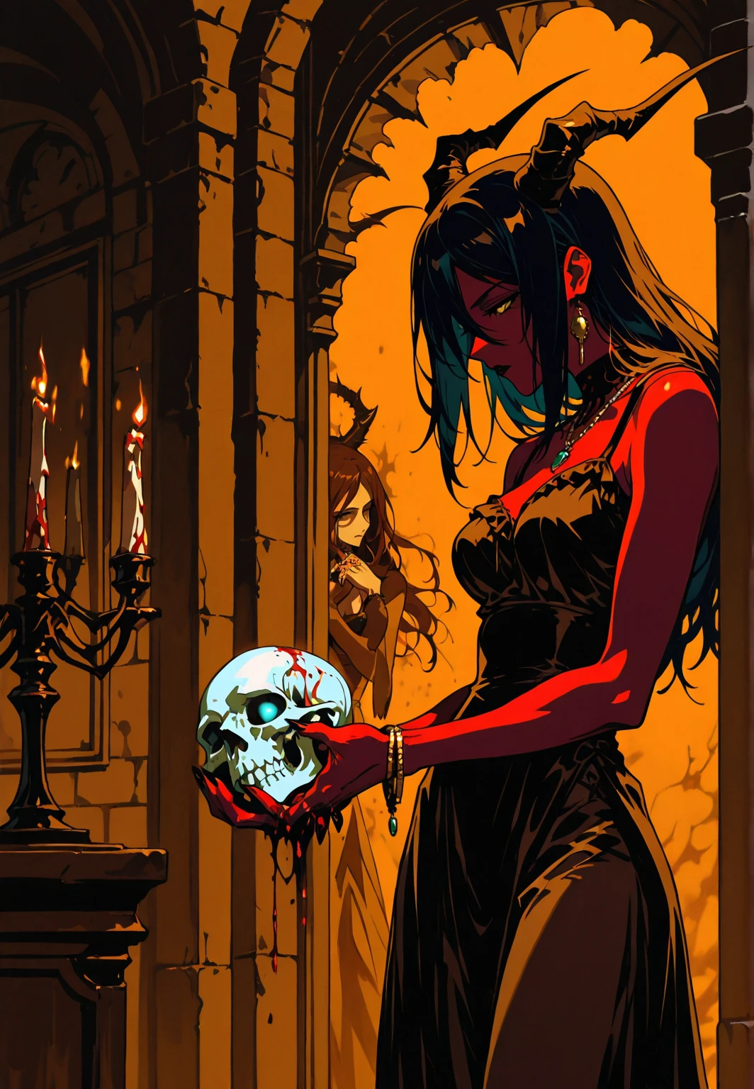 Art deco masterpiece, alpha male, at night, cemetery, flowers, skull, nightmare, candles, intricately detailed, sharp focus, extremely detailed, dark fantasy, glowing, colorful painting, rich color, HDR, octane render, digital illustration, cinematic light, art by [ Sachin Teng, Alphonse Mucha, Jean Dupas, Eugène Grasset ]