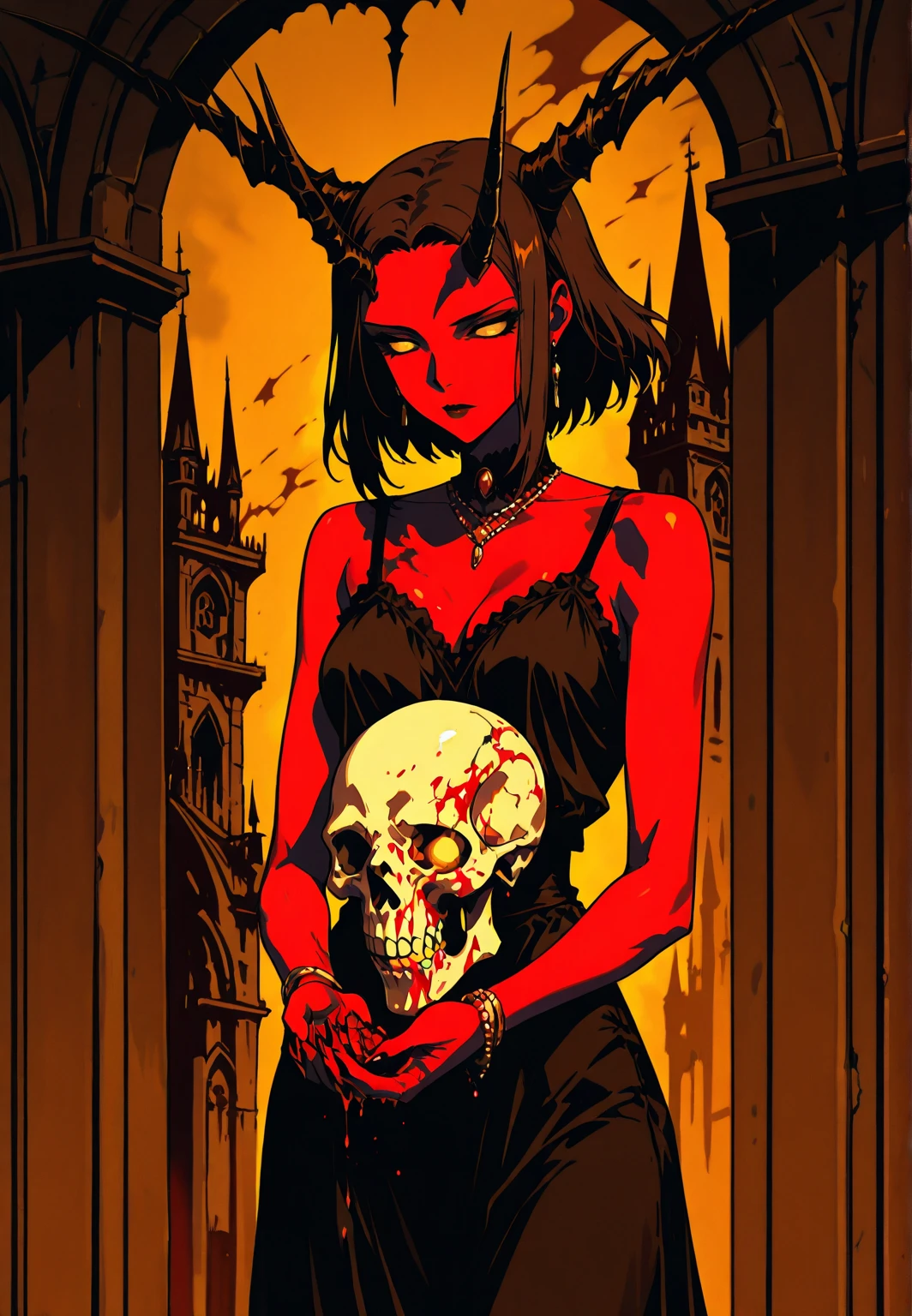  demon girl , red skin, camisilla, Horns ,  elegant clothes, average sines, Elegant Jewelry, aggressive, brown, (Holds skull in his hands). Background: Castle corridors, blood. dark atmosphere