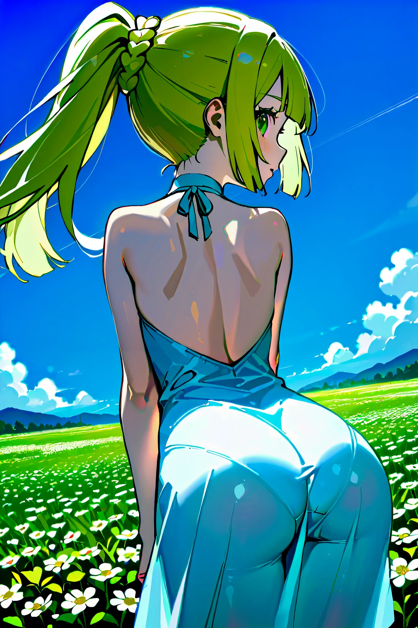 HD、8k、vivid color、1lillie1、 blond hair 、 long hair、 green eyes、4 ponytail4、 ponytail、Sleeveless tight dress made of silk fabric、pantylines、 BIG ASS 、 back view、 Compa、Flower Field、blue sky、 Beautiful Scenery、