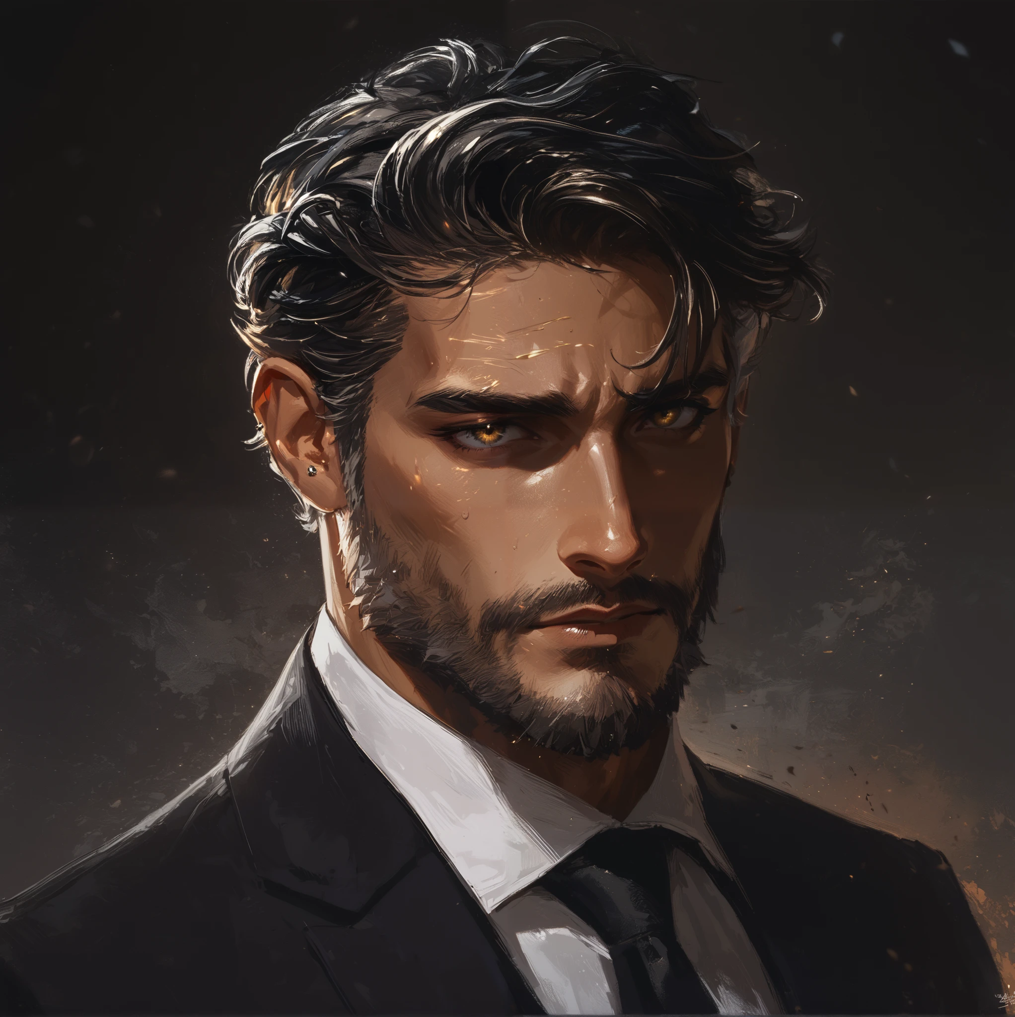 ((dynamic angle, masterpiece, relaxed pose, gold eyes)), A strikingly handsome man with a strong, chiseled jawline and a well-groomed beard. His wavy, tousled dark hair has subtle silver highlights. His piercing eyes convey intensity, shadowed slightly by thick, furrowed brows. He wears a sharp black suit with a crisp white shirt and a black tie, exuding confidence and authority. The lighting is dramatic, casting deep shadows that highlight the contours of his face. The background is dark and moody, with a subtle cinematic glow. His expression is serious and brooding, as if lost in thought or analyzing a situation. The art style is semi-realistic with a blend of digital painting focusing on high contrast and rich detail.