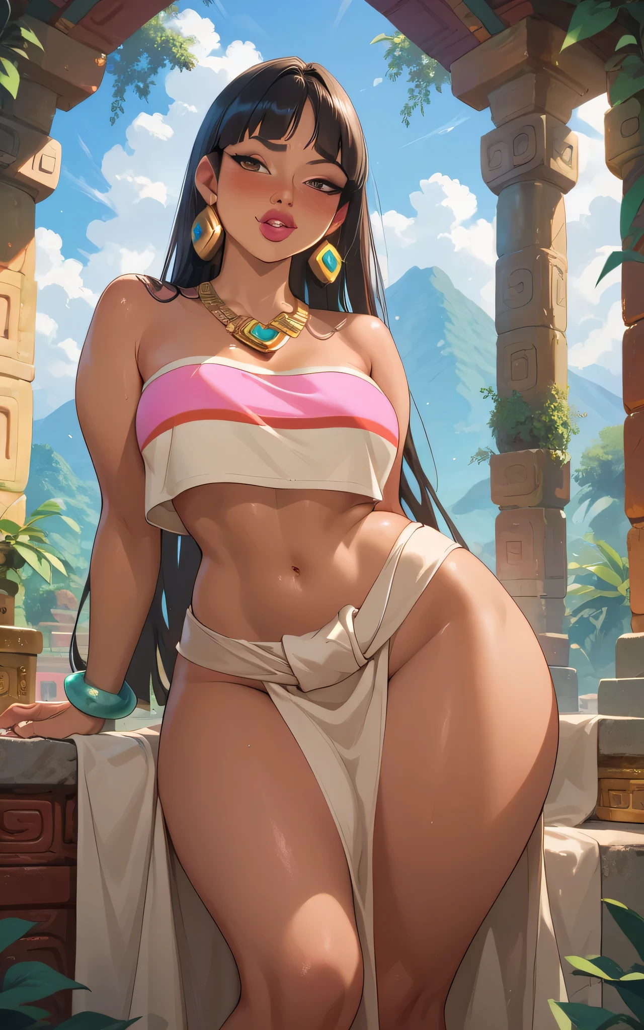Aztec temple in the background, Chel from the movie "The Road to El Dorado", detailed face, Same outfit Chel normally wears, sexy pose, looking lustfully, blushing deeply, jewelry, thick thighs