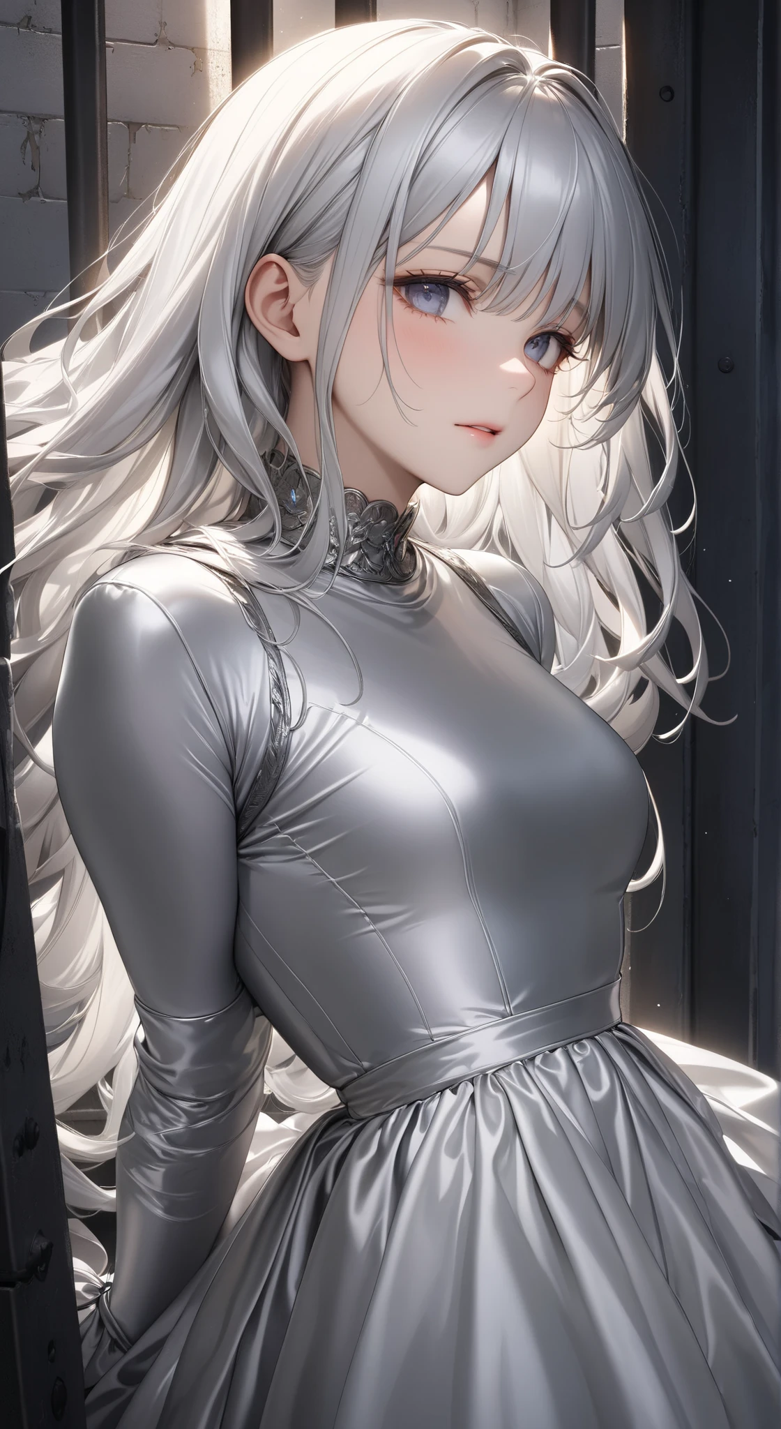 portrait、god々Shining light、( masterpiece, top quality, Ultra High Resolution ),Extremely detailed CG, Japanese woman with pale silver hair,(( beautiful face)),(( long sleeve long dress made of pale silver satin))、((The dress has a simple design without embellishments)),Ruffled Skirt、(Well-fitting pale silver satin bodysuit )、pale silver satin gloves, in prison cell
