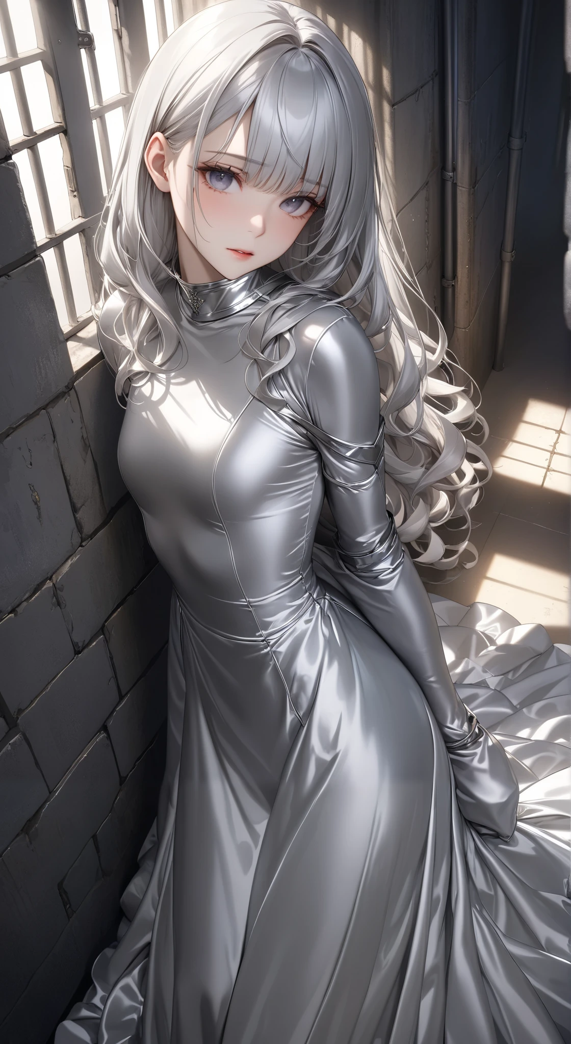 portrait、god々Shining light、( masterpiece, top quality, Ultra High Resolution ),Extremely detailed CG, Japanese woman with pale silver hair,(( beautiful face)),(( long sleeve long dress made of pale silver satin))、((The dress has a simple design without embellishments)),Ruffled Skirt、(Well-fitting pale silver satin bodysuit )、pale silver satin gloves, in prison cell