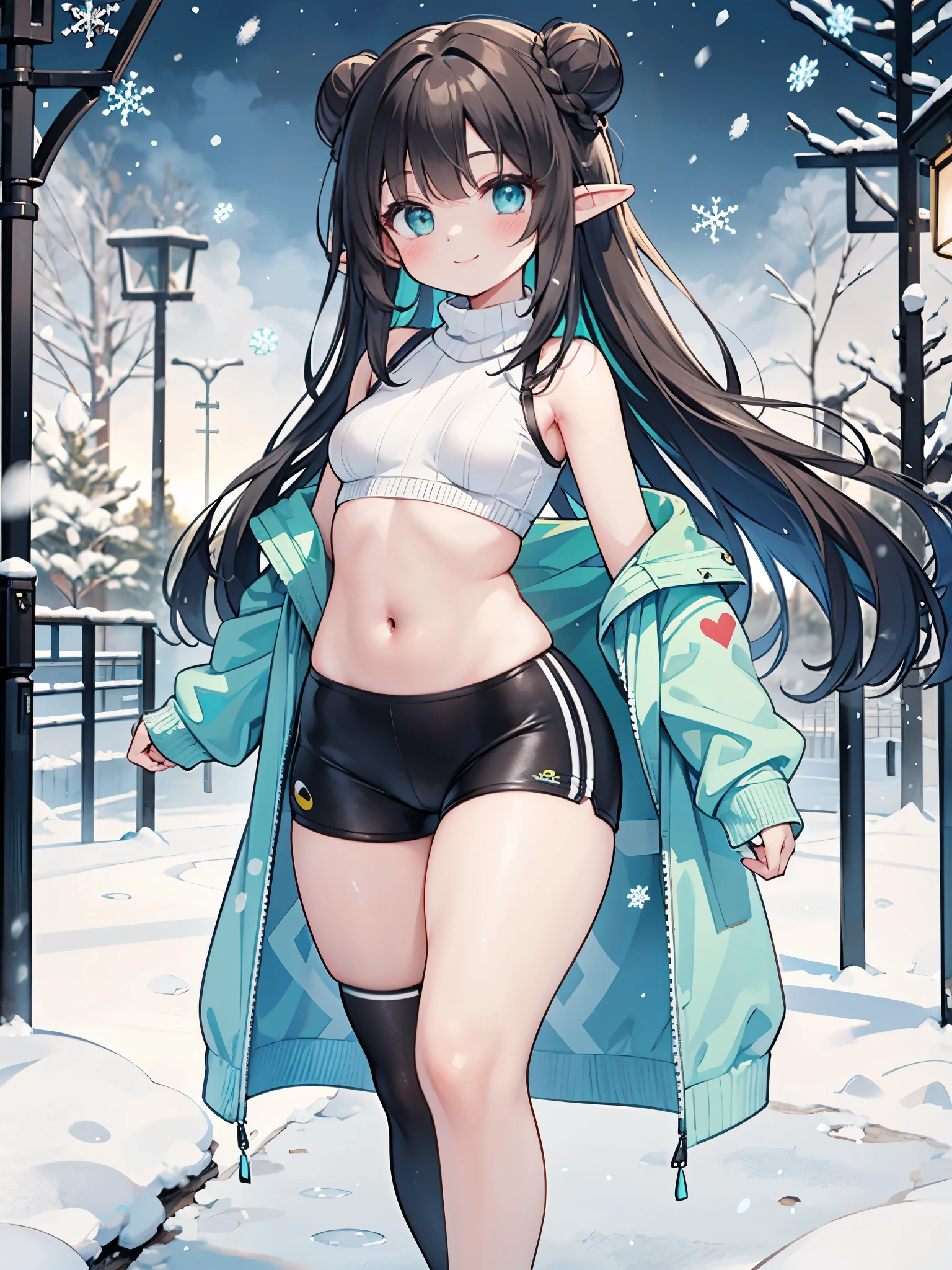 Detail image, realistic image, 1 elf. She has long black hair which has braids of hair hanging down the right side of her face, large turquoise eyes and a delicate oval face, medium breasts and a curvaceous figure. She is wearing an off-shoulder sweater, thin thong, sneakers, stockings to mid-thigh. snowflakes. . Black background. Ambient light. Volumetric Light