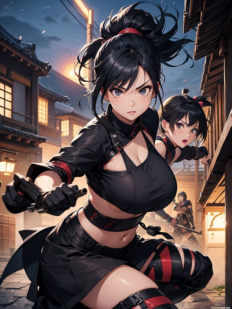 novel illustration, cover page, highres, top quality, best quality, paid reward available, unparalleled masterpiece, perfect artwork, absurdres, High-quality illustrations, super high resolution, detailed background, perfect ???????(1girl, kemono, furry anthro)dramatic duel between 2girls, set in a battlefield during the Warring States period of Japan, illuminated by the setting sun, with a sense of intensity and determination emanating from the characters, fierce expression, flash of steel, calm and focused expression, war-torn landscape, with burning buildings and fallen warriors in the distance, tense and dramatic, with a sense of fate hanging in the balance,