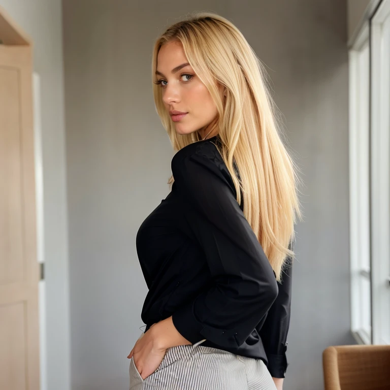 more realistic,girl,Warm lights,173cm higth, she looks like japaneese and african ,almond-shaped eyes, full lips, big eyes, full bigger lips, almond-shaped eyes, full lips, prominent sexy cheekbones, slim waist, fit body, wearing casual dress, wavy long blonde hair, long blonde cut hair, symmetrical green eyes, symmetrical face, photorealistic (RAW photo: 1.2), top quality, beautiful detailed girl photo(UHD, retina, masterpiece, accurate, anatomically correct, textured skin, super detail, high details, high quality, best quality, high res, 1080P, HD, 4K, 8k, 16k), (beautiful detailed eyes, beautiful detailed lips, extremely detailed eyes and face), studio lighting, physically-based rendering, vivid colors, ,sexy curves, she is lean on desk in office,she is wearing long skirt and black top.