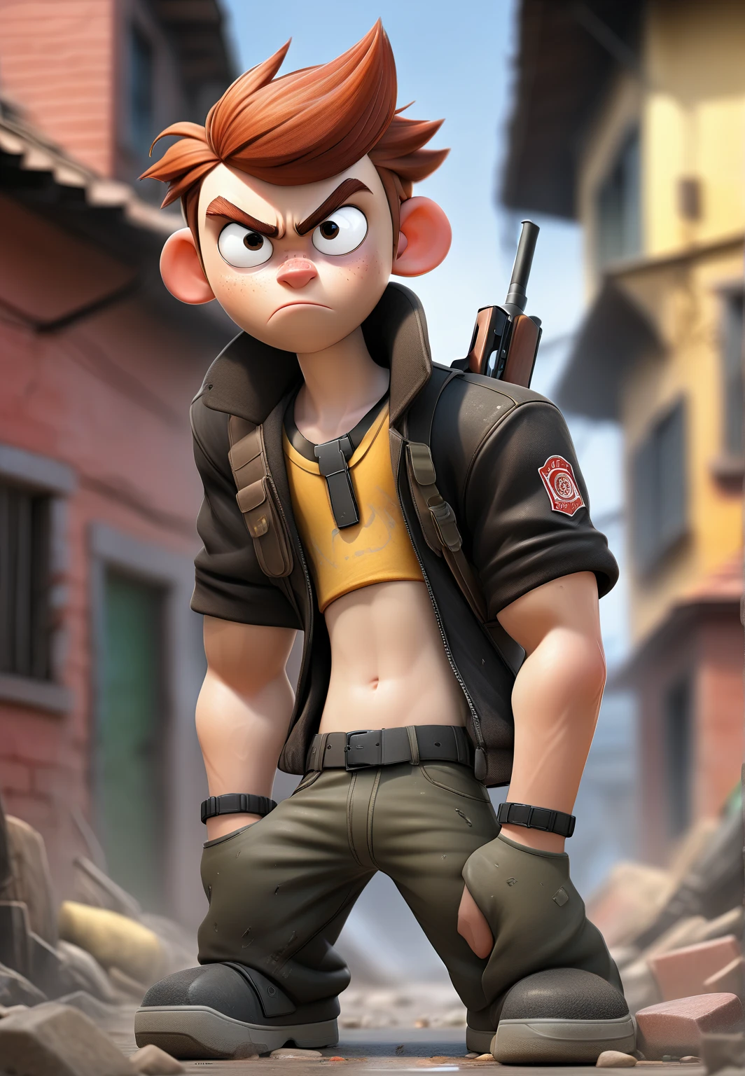 image depicting the favela, in a post-apocalyptic world, boy with gun (ak47), ak 47, shirtless boy, with scar, full body image, (extremely detailed CG unit 8K wallpaper, art, best quality, ultra -detailed, hdr :1.2), in slippers, background of houses one below the other, brick, mud floor, scar on the leg, house hallway, defiant look, apocalyptic scenario, fear, relista. bara, short hair, ntspgr, red hair, yellow eyes, scar on face, neck tattoo, naughty face, in heat, looking down, BREAK, very sweaty, steaming body, three-quarters view, veins, big penis, big testicles, wrinkled testicles, testicles hair, black leather jacket, open jacket, BREAK, giant male, 1giant, building size, walking, multiple multiple mini people, BREAK, cityscape, destruction, bridge, road, vehicles, male masturbation, projectile cum, excessive cum, thick cum, cum flood, , flexing bicep while masturbating, stomping on vehicles, crushed cars, BREAK, artist: mazjojo, shiny skin, impasto, BREAK, muscular male, excessive armpit hair, male pubic hair peek, thick navel hair, male underwear, jockstrap aside, thick leg hair, barefeet, 5toes, BREAK, (masterpiece, best quality), amazing quality, 2024, very aesthetic, absurdres, highres, newest, HDR, 8K, high detail RAW color art, large pupil, eyelashes,
