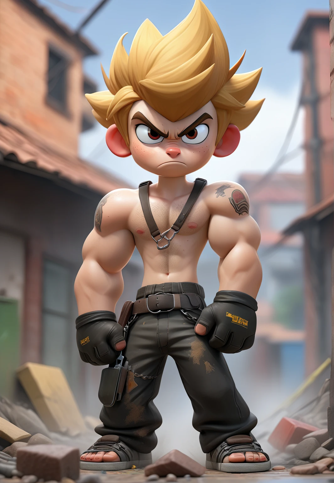 image depicting the favela, in a post-apocalyptic world, boy with gun (ak47), ak 47, shirtless boy, with scar, full body image, (extremely detailed CG unit 8K wallpaper, art, best quality, ultra -detailed, hdr :1.2), in slippers, background of houses one below the other, brick, mud floor, scar on the leg, house hallway, defiant look, apocalyptic scenario, fear, relista. bara, short hair, ntspgr, red hair, yellow eyes, scar on face, neck tattoo, naughty face, in heat, looking down, BREAK, very sweaty, steaming body, three-quarters view, veins, big penis, big testicles, wrinkled testicles, testicles hair, black leather jacket, open jacket, BREAK, giant male, 1giant, building size, walking, multiple multiple mini people, BREAK, cityscape, destruction, bridge, road, vehicles, male masturbation, projectile cum, excessive cum, thick cum, cum flood, , flexing bicep while masturbating, stomping on vehicles, crushed cars, BREAK, artist: mazjojo, shiny skin, impasto, BREAK, muscular male, excessive armpit hair, male pubic hair peek, thick navel hair, male underwear, jockstrap aside, thick leg hair, barefeet, 5toes, BREAK, (masterpiece, best quality), amazing quality, 2024, very aesthetic, absurdres, highres, newest, HDR, 8K, high detail RAW color art, large pupil, eyelashes,
