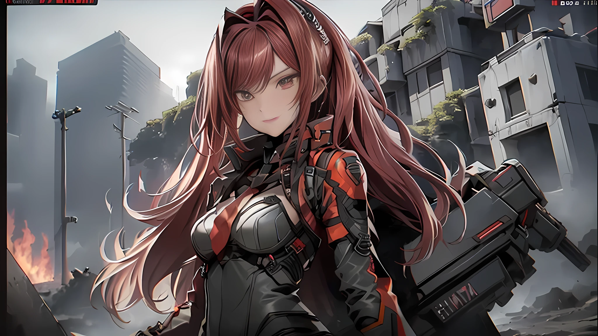 ((Best quality)), ((masterpiece)), (detailed:1.4), 3D, an image of a beautiful cyberpunk female, long burning red hair, burning hair, light brown eyes, red Barret, Black Soldier Shirt, Black under cloth, black panty, Grenade belt, Big chest, Big thigh, High thigh black knee sock, full view of girl, battlefield background, black combat boot, red necktie, black glove, black combat suit, black jacket, black cloak, black panty, ammo belt, HDR (High Dynamic Range),Ray Tracing,NVIDIA RTX,Super-Resolution,Unreal 5,Subsurface scattering,PBR Texturing,Post-processing,Anisotropic Filtering,Depth-of-field,Maximum clarity and sharpness,Multi-layered textures,Albedo and Specular maps,Surface shading,Accurate simulation of light-material interaction,Perfect proportions,Octane Render,Two-tone lighting,Wide aperture,Low ISO,White balance,Rule of thirds,8K RAW,