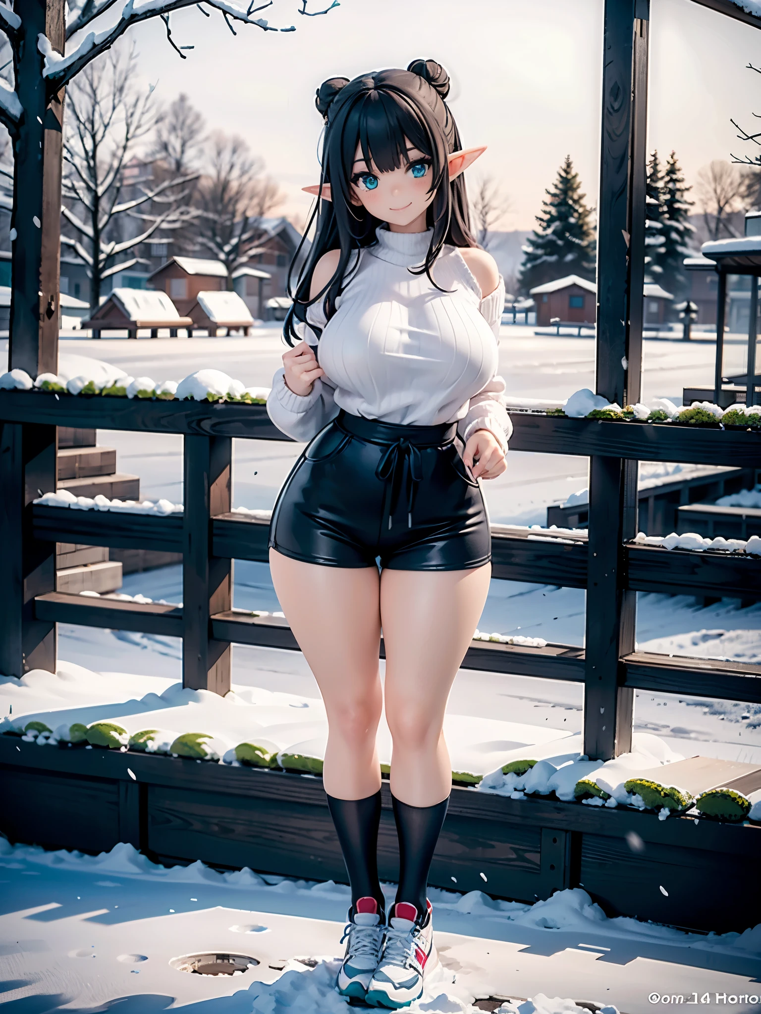 detailed image, beautiful image, an elf, dark hair, long hair, combed in a heart-shaped bun, turquoise eyes, large breasts, short black waist, wide hips, thick thighs. She is wearing a thick sweater, mini skirt shorts, casual sneakers, in a park, smiling, snow blizzard, surrounded by snowflakes, ambient light, natural light.