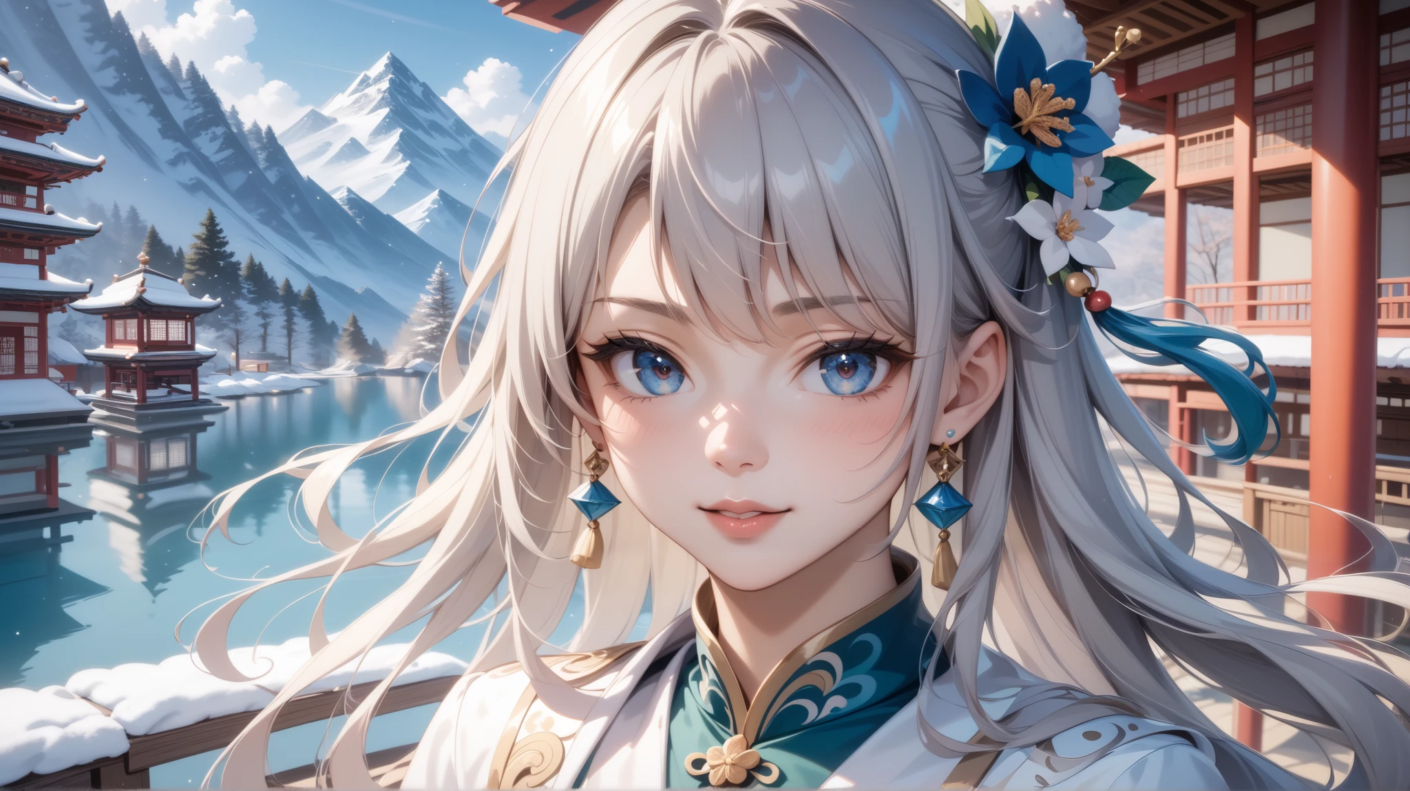 Long glossy gray hair、Single eyelid、is neutral and looks both male and female、Beautiful skin texture、Winter Spirit、Winter Scenery、Image of a dancer in a Chinese period drama 、fantastic distant view like ink painting、Similar to Miroku Bosatsu、Oriental、20th Generation、 White Outfit 、 fantastic scenery、Light diffusion、reflection、Wear an aura、Storyteller、upper body close-up、