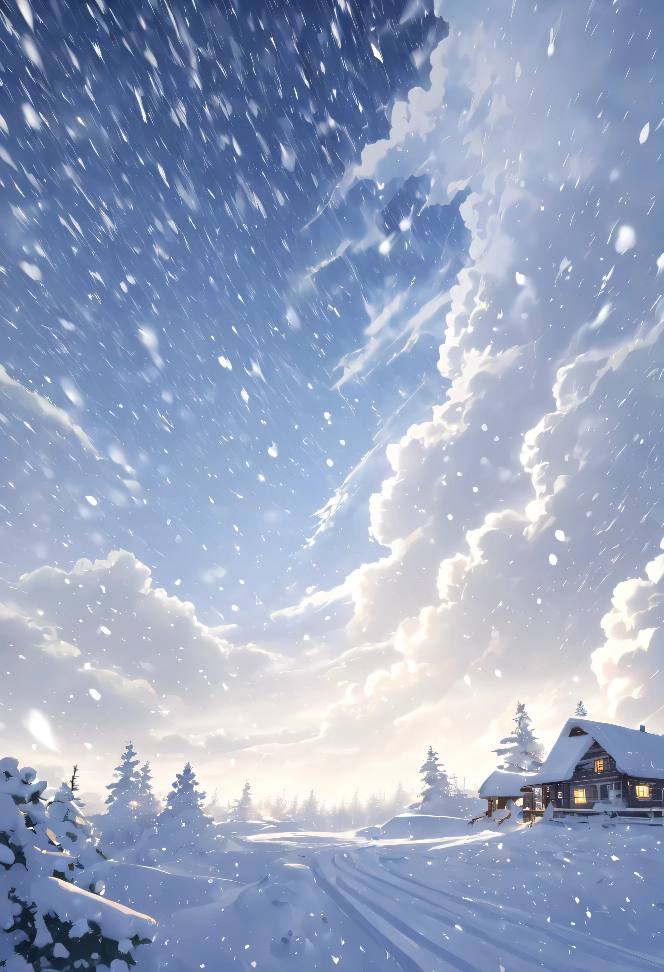 Snowy scene of a cabin in the woods with a snow covered road - SeaArt AI