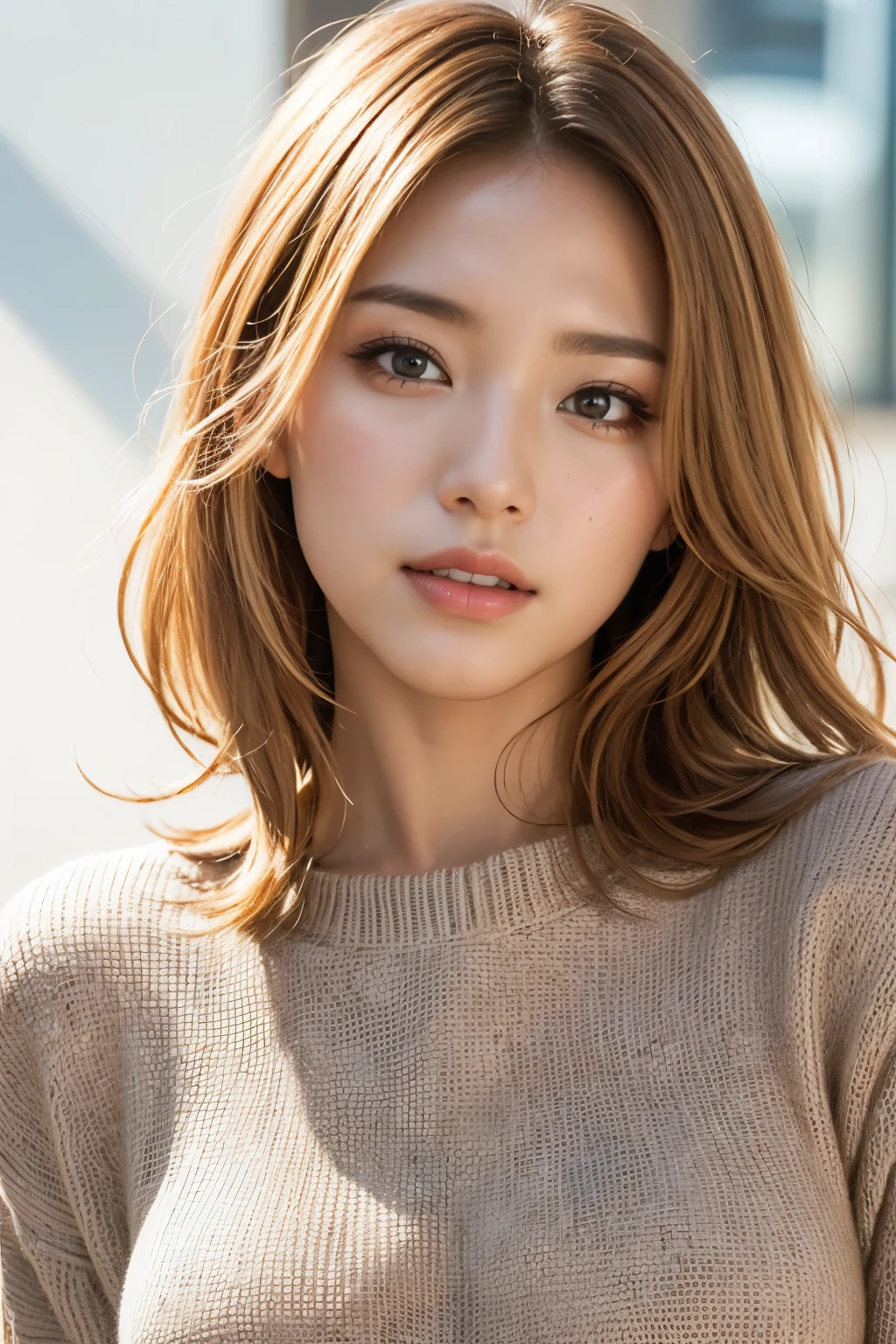 a beautiful blonde haired woman wearing a warm designer sweater, fashionable brand style clothing, visible sweater, Panasonic GH5, happy expression, subtle mood, (best quality,4k,8k,highres,masterpiece:1.2),ultra-detailed,(realistic,photorealistic,photo-realistic:1.37),1girl,detailed face,beautiful detailed eyes,beautiful detailed lips,extremely detailed eyes and face,longeyelashes,studio lighting,sharp focus,vivid colors,natural lighting,warm color tones,soft lighting