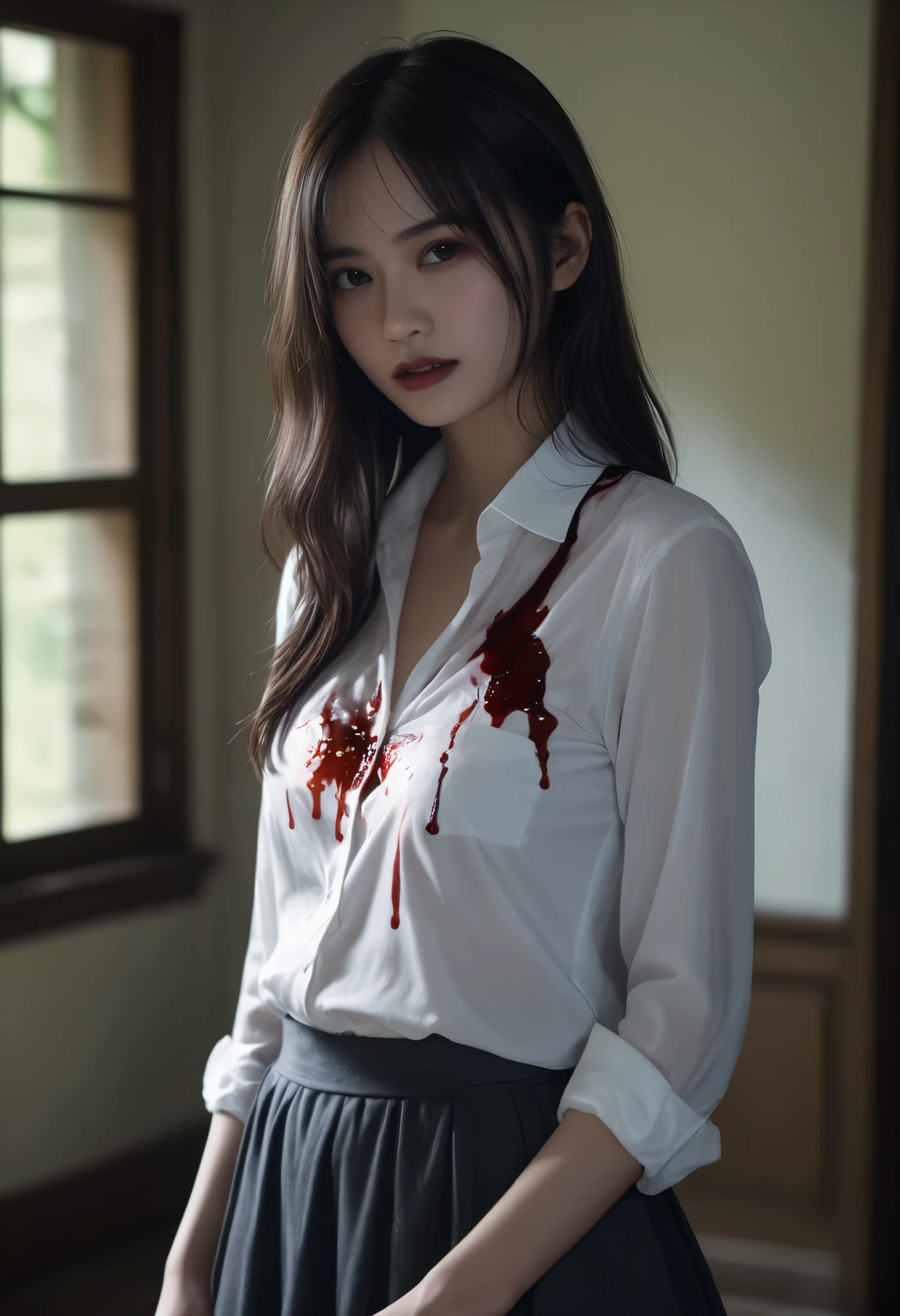a horror film image, 1 woman age 25, beautiful, slender, long hair, wearing a white unbuttoned shirt, no bra, wearing panties, sinister smile, body and clothes covered in blood, holding a large knife, in an old local home, (best quality,4k,8k,highres,masterpiece:1.2),ultra-detailed,(realistic,photorealistic,photo-realistic:1.37),horror,dark,moody lighting,intense colors,cinematic composition