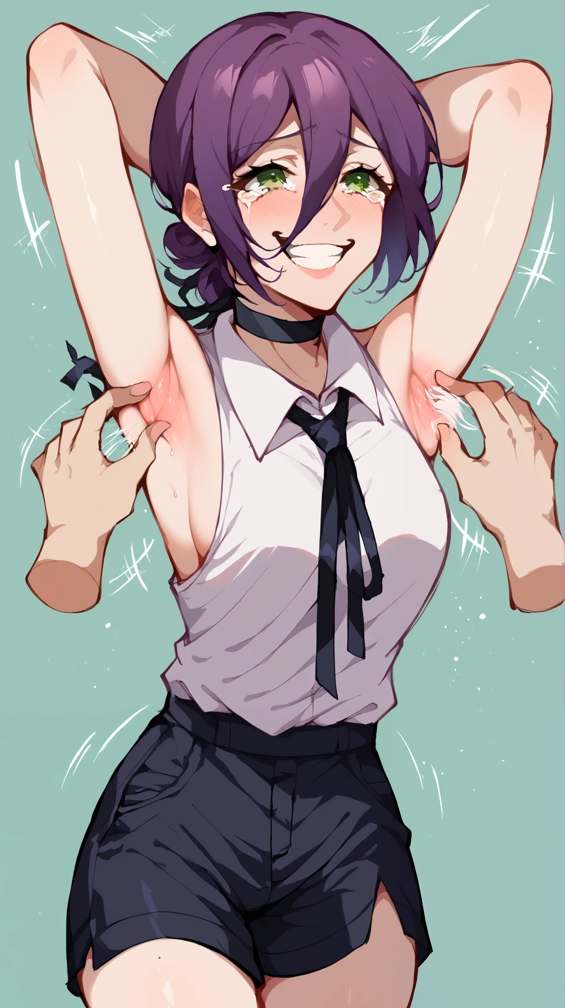 score_9, score_8_up, score_7_up, source_anime,
chainsawreze, reze, black choker, purple hair, choker, eyebrows hidden by hair, green eyes, hair between eyes, long bangs, medium hair, smile, bare shoulders, black ribbon, black shorts, collar, collared shirt, neck ribbon, ribbon, shirt, shorts, sleeveless, sleeveless shirt, white shirt, armpit tickling, tearing, hands up, tickling with hand