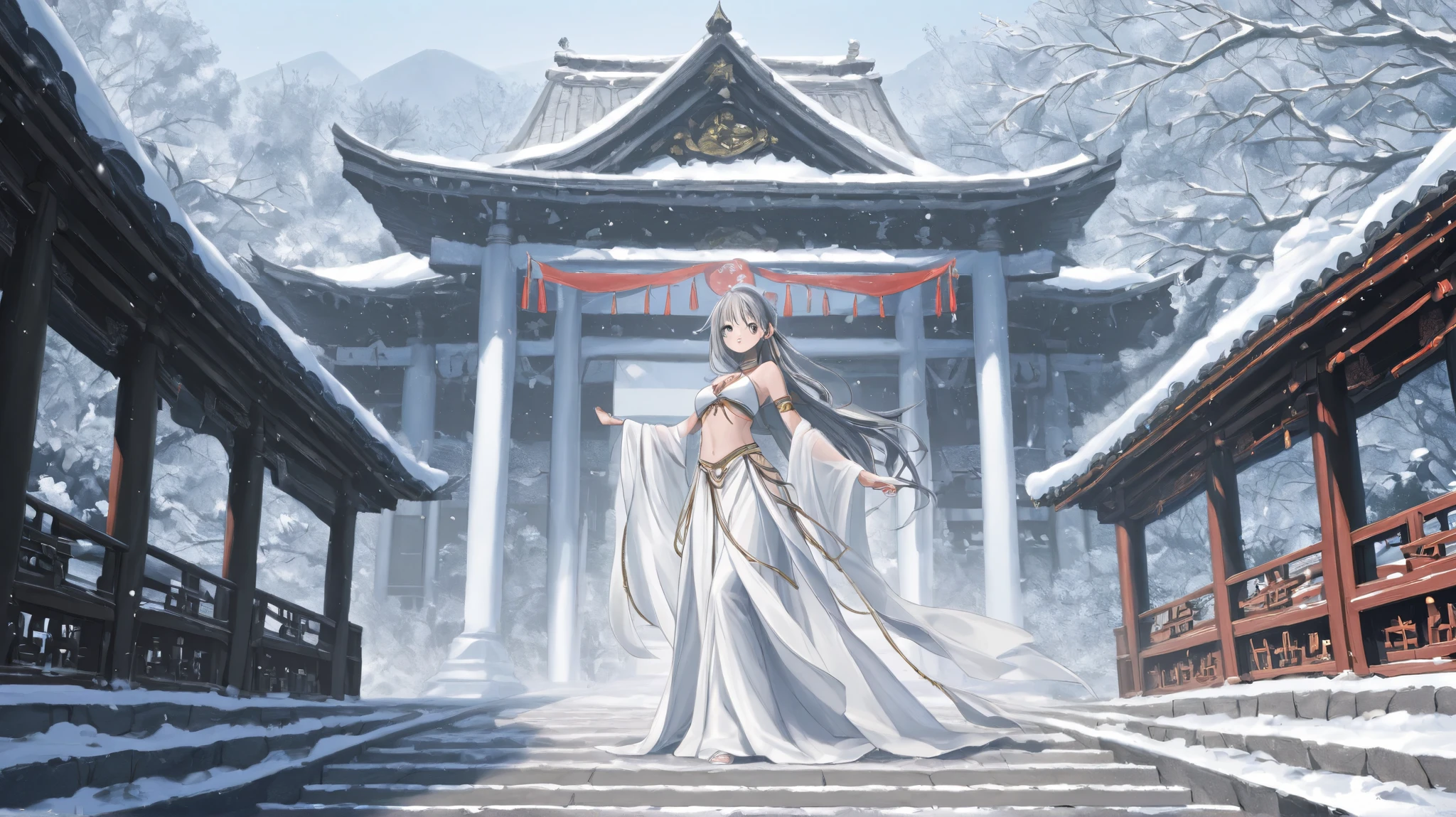 Long glossy gray hair、Single eyelid、is neutral and looks both male and female、Winter Spirit、Winter Scenery、Image of a dancer in a Chinese period drama 、 real 、 anime、fantastic distant view like ink painting、Similar to Miroku Bosatsu、Oriental、20th Generation、 White Outfit 、 fantastic scenery、