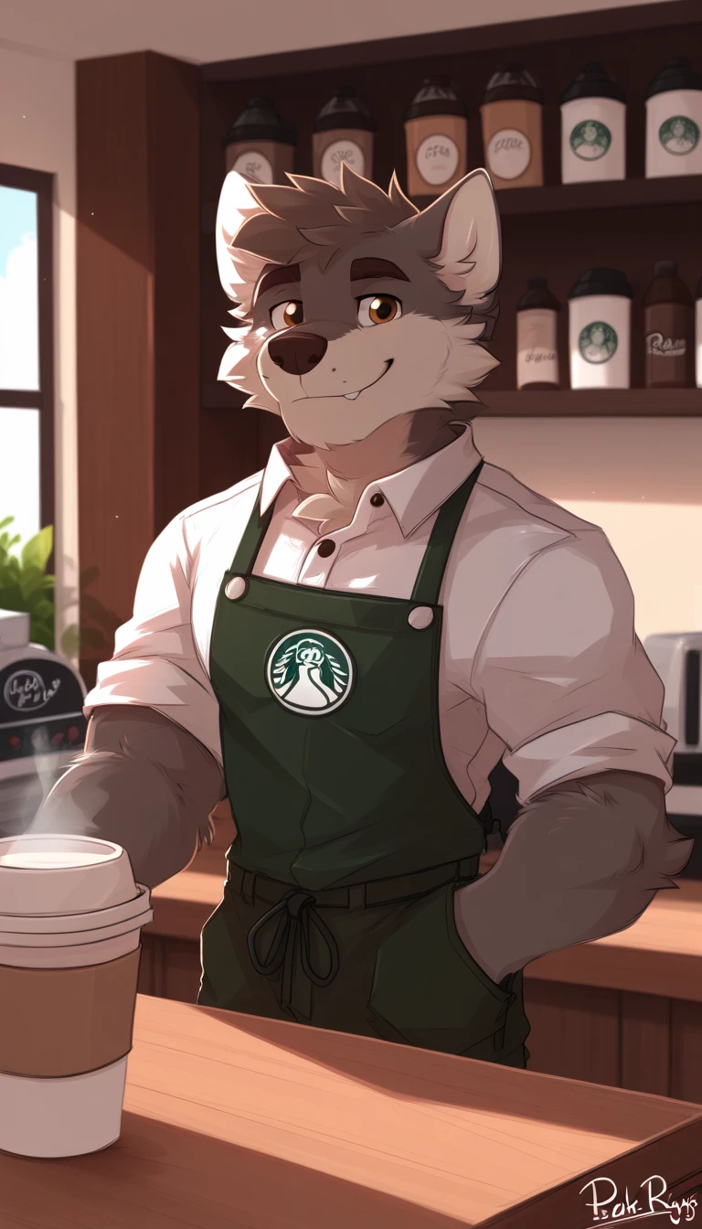 Alone, lobo, barista clothing, looking at you , Giving you a coffee, smiling, cute boy, by Pache Riggs