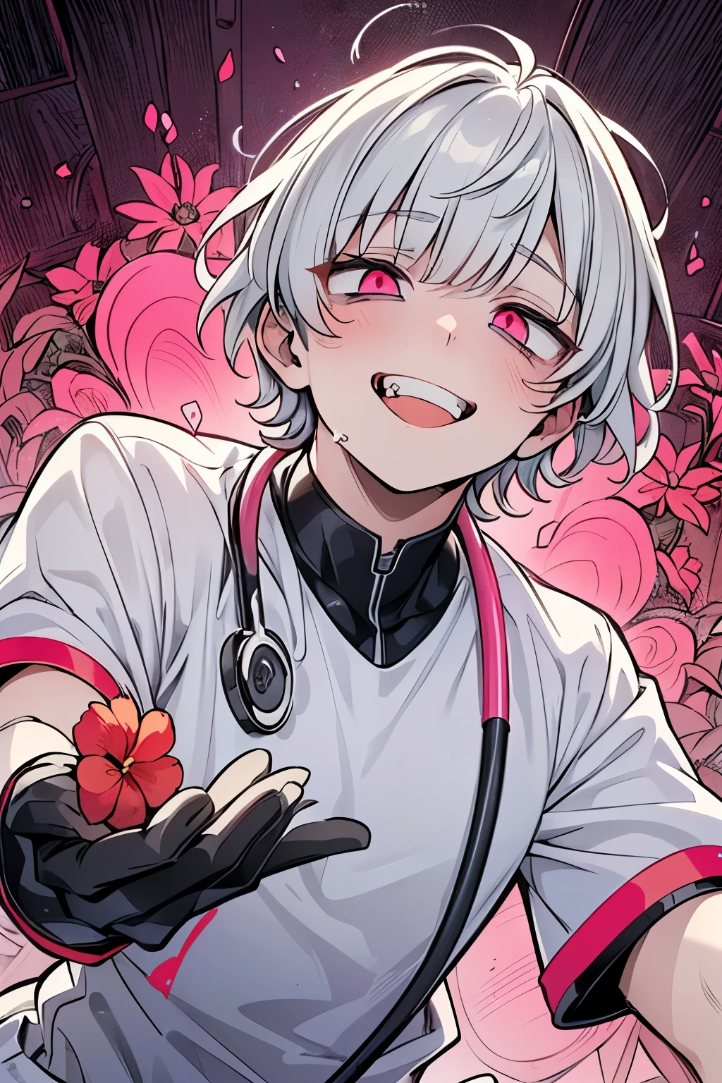 ((1-boy :1.3)),((handsome:1.2)),(( An Adult Man :1.15)),((Alone:1.1)),short hair,(Curly hair:1.15),silver hair,((Passion pink eyes:1.25)),skinny body,((heart-hand:1.25)),(micro bikini:1.0),((eerily glowing eyes:1.3)),((A smile filled with pleasure:1.1)),((ecstatic expression:1.1)),((smiling with teeth exposed:1.1)),((Evil smile:1.35)),((glassy eyes:1.15)),(( saliva :1.2)),((rolling eyes:1.3)),(looking up:1.25),((dark skin body:0.95)),((nurse android cosplay:1.2)),(( Incension from Below:1.15)),((RED flower full bloom background:1.2)),