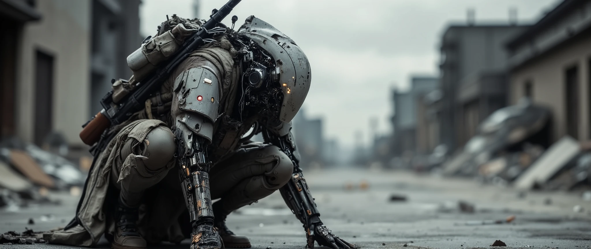 Recypu style, Cyberpunk highly detailed, high-resolution photograph. A futuristic, armored warrior crouching on a gritty, urban pavement. The subject's head is covered by a sleek, metallic helmet with a visor that obscures the face, giving an ominous, robotic appearance. The helmet is adorned with various sensors and lights, suggesting advanced technology. The warrior's body is clad in a full suit of advanced, high-tech armor, primarily made of a mix of metal and synthetic materials. The armor is heavily detailed with intricate circuits, joints, and mechanical components, indicating advanced robotics and cybernetics. The suit is predominantly gray with hints of black and silver, and it is adorned with various pouches, straps, and utility belts, suggesting a high level of tactical gear. The warrior's left hand is extended forward, showcasing a complex, mechanical prosthetic with multiple fingers and advanced articulation. The right hand rests on the knee, also with a prosthetic that appears more organic, possibly biological. A machine gun with a brown handle is sheathed on the warrior's back, adding to the military aesthetic. The background shows an industrial, urban environment with blurred, metallic structures and a gray sky, emphasizing the gritty, post-apocalyptic setting. The overall mood is intense and futuristic. sentinelbot. apoclypse
