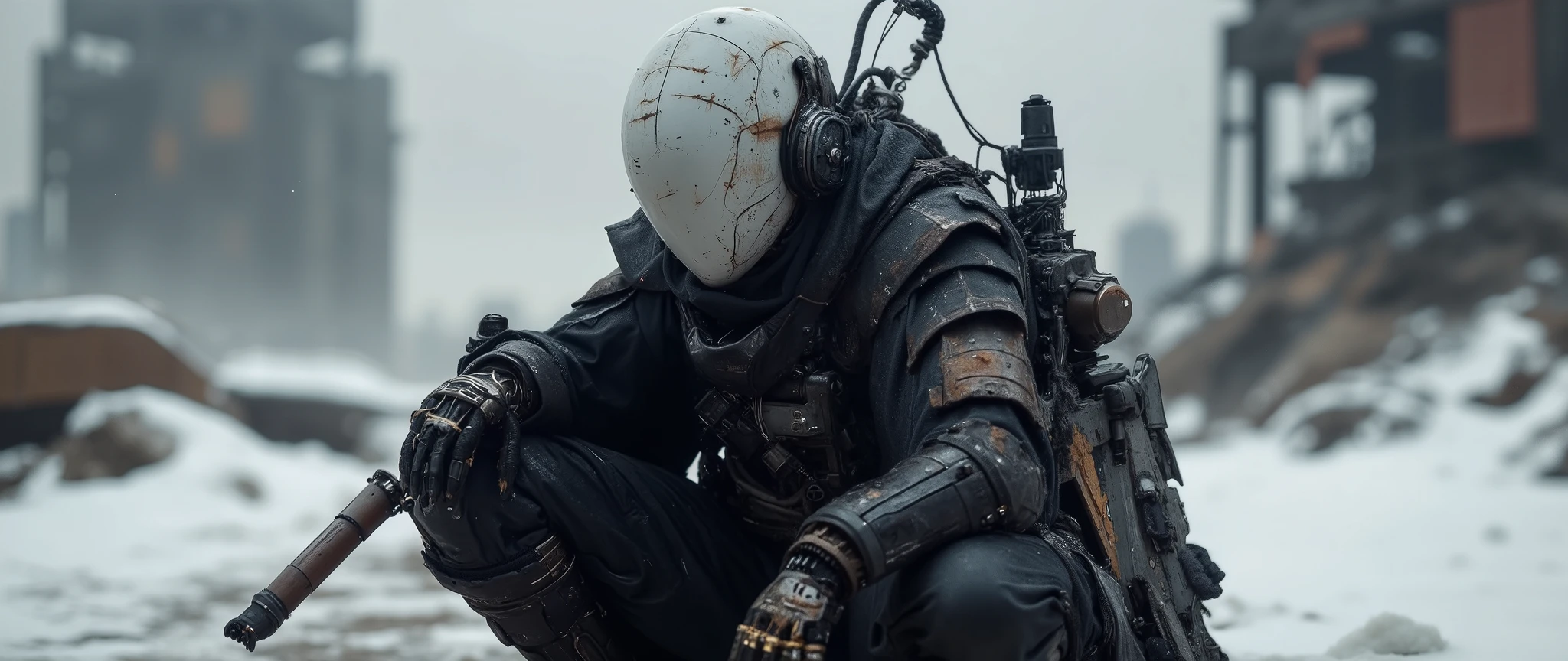 Recypu style, Cyberpunk highly detailed, high-resolution photograph. A futuristic, armored warrior crouching on a gritty,  desolate snow-swept plain. The subject's head is covered by a sleek, metallic  plain helmet  that obscures the face, giving an ominous, robotic appearance. The helmet is adorned with various sensors and lights, suggesting advanced technology. The warrior's body is clad in a full suit of advanced, high-tech armor, primarily made of a mix of metal and synthetic materials. The armor is heavily detailed with intricate circuits, joints, and mechanical components, indicating advanced robotics and cybernetics merge in biomechanical system. The suit is predominantly black with hints of dark gray and silver, and it is adorned with various pouches, straps, and utility belts, suggesting a high level of tactical gear. The warrior's left hand is extended forward, showcasing a complex, mechanical prosthetic with multiple fingers and advanced articulation. The right hand rests on the knee, also with a prosthetic that appears more organic, possibly biological. A machine gun with a brown handle is sheathed on the warrior's back, adding to the military aesthetic. The background shows an industrial, urban environment with blurred, metallic structures and a gray sky, emphasizing the gritty, post-apocalyptic setting. The overall mood is intense and futuristic. sentinelbot. apoclypse