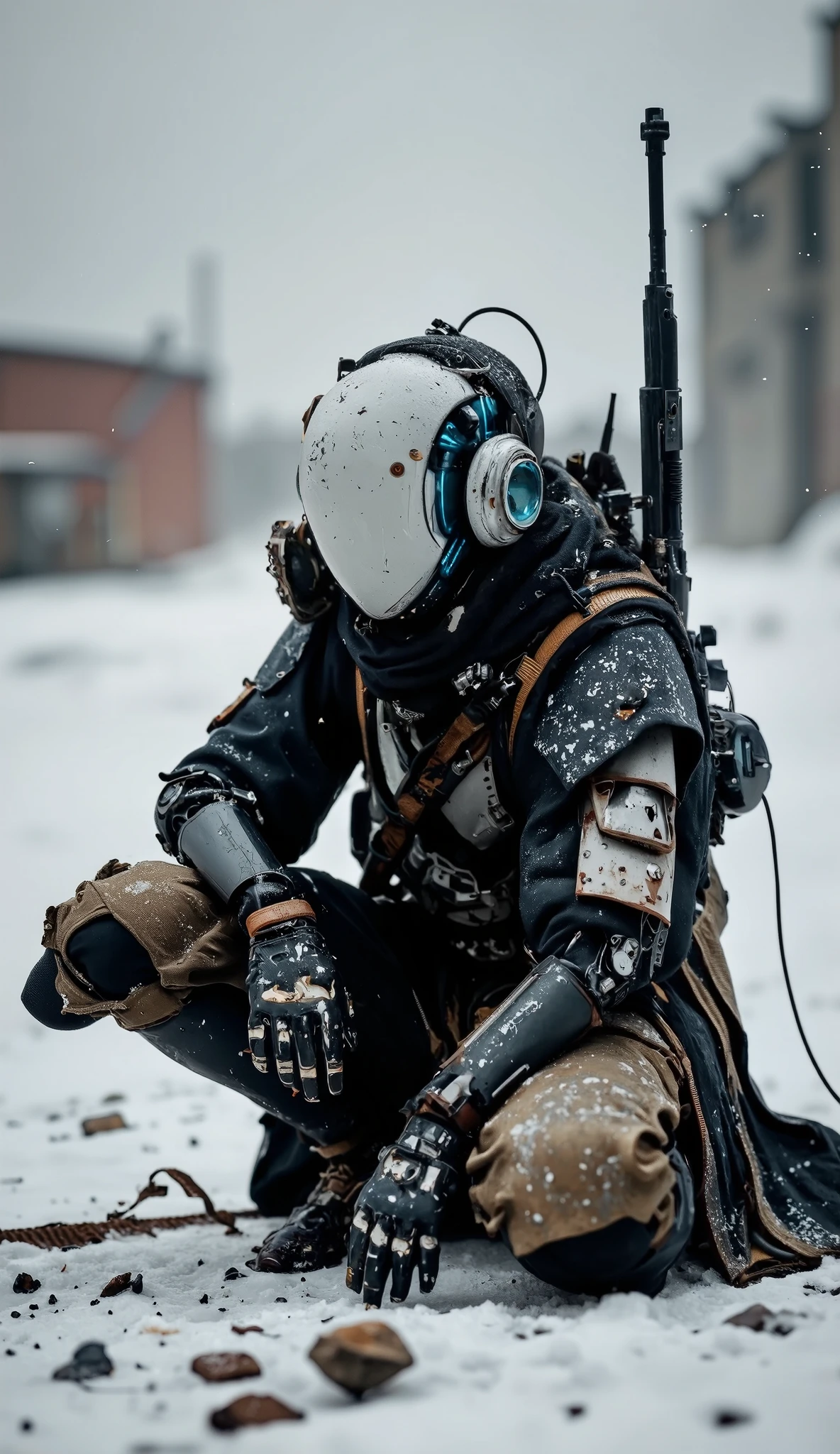 Recypu style, Cyberpunk highly detailed, high-resolution photograph. A futuristic, armored warrior crouching on a gritty, desolate snow-swept plain. The subject's head is covered by a sleek, metallic plain helmet that obscures the face, giving an ominous, robotic appearance. The helmet is adorned with various sensors and neon blue flux core lights flowing, suggesting advanced technology. The warrior's body is clad in a full suit of advanced, high-tech armor, primarily made of a mix of metal and synthetic materials. The armor is heavily detailed with intricate circuits, joints, and mechanical components, indicating advanced robotics and cybernetics merge in biomechanical system. The suit is predominantly black with hints of dark gray and silver, and it is adorned with various pouches, straps, and utility belts, suggesting a high level of tactical gear. The warrior's left hand is extended forward, showcasing a complex, mechanical prosthetic with multiple fingers and advanced articulation. The right hand rests on the knee, also with a prosthetic that appears more organic, possibly biological. A machine gun with a brown handle is sheathed on the warrior's back, adding to the military aesthetic. The background shows an industrial, urban environment with blurred, metallic structures and a gray sky, emphasizing the gritty, post-apocalyptic setting. The overall mood is intense and futuristic. sentinelbot. apoclypse