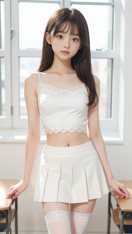 An innocent 15-year-old girl、((White sleeveless, White micro mini skirt, Cute and elegant, Dramatic Pose)),smile,Long Hair、RAW Photos, (8k、highest quality、masterpiece:1.2)、(Intricate details:1.4)、(Realistic:1.4)、Octane Rendering、Complex 3D rendering with ultra-detail, Studio Soft Light, Rim Light, Sharp details, Super Detail, Realistic skin texture, detailed aspects, Beautiful details in the eyes, Highly detailed CG Unity 16k wallpaper, Compensate, (Detailed Background:1.2), Glowing Skin, whole body,Put your hands down、Spread your legs and show me your panties,stand、Embarrassing、smile、Thighs、Black Pantyhose、Bright lighting、Low - Angle