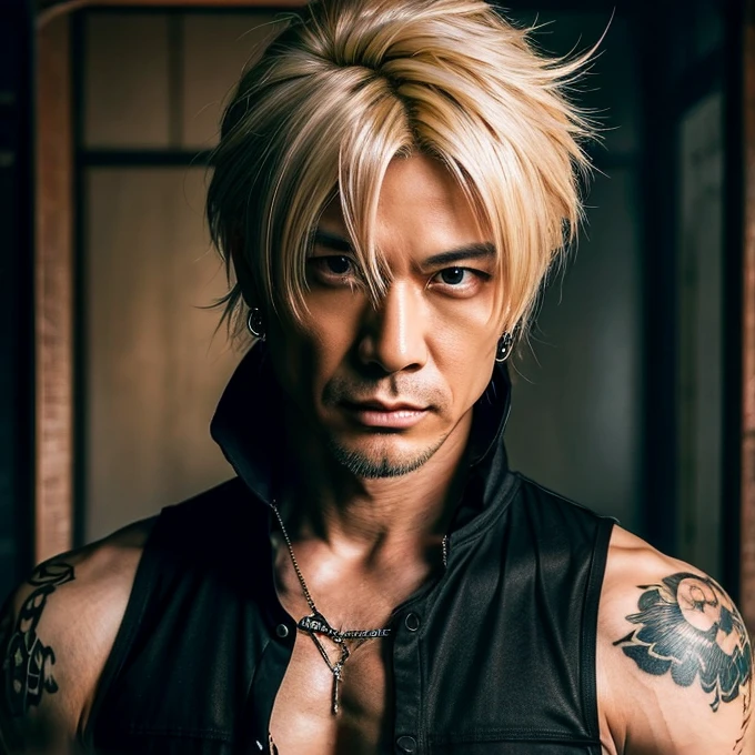 1 man, male, Japanese man, Visual Kai hairstyle, ultra detailed face and body, hyperrealistic, realistic representation, muscular, broad shoulders, tattoos gothic style, Visual Kei style, hairstyle Visual Kei, blond, long hair, 40 years old, age 40, outfit gothic , men's shirt and black pants, Asian eyes, eyes, Visual Kei hairstyle