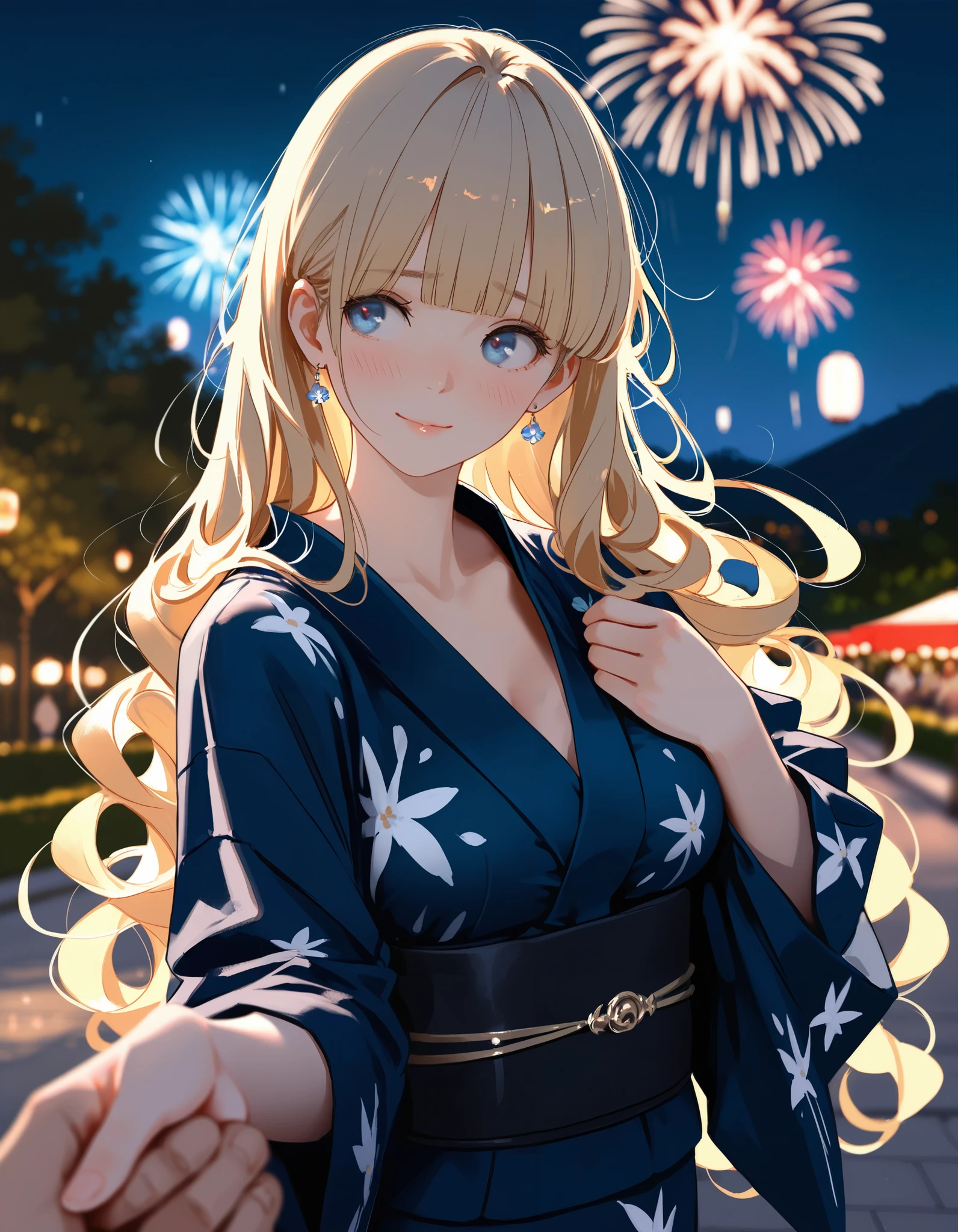 masterpiece,ultra-detailed CG illustration,top quality, best quality, (wlop:0.8),(Hanekoto:0.4), 1girl, blunt bangs, curly hair, very long hair, elegance,light blonde hair,blue eyes,large breasts,(pale skin:0.7), gentle smile, night,park,kimono,innocent,fireworks, blurry background, depth of field, pov,foreshortening, shy, looking to the side,
