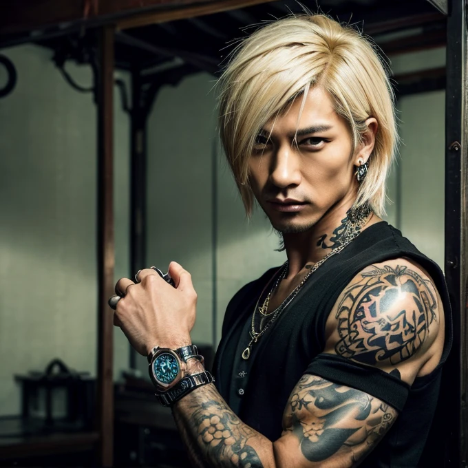 1 man, Japanese man, male, Asian eyes, muscular, broad shoulders, dragon tattoos, hairstyle Visual Kei style, hair Visual Kei, black men's shirt and black pants, ultra detailed face, hyperrealistic, realistic representation, long hair, long hair, 30 years old, age 30 years, blond, blonde hair